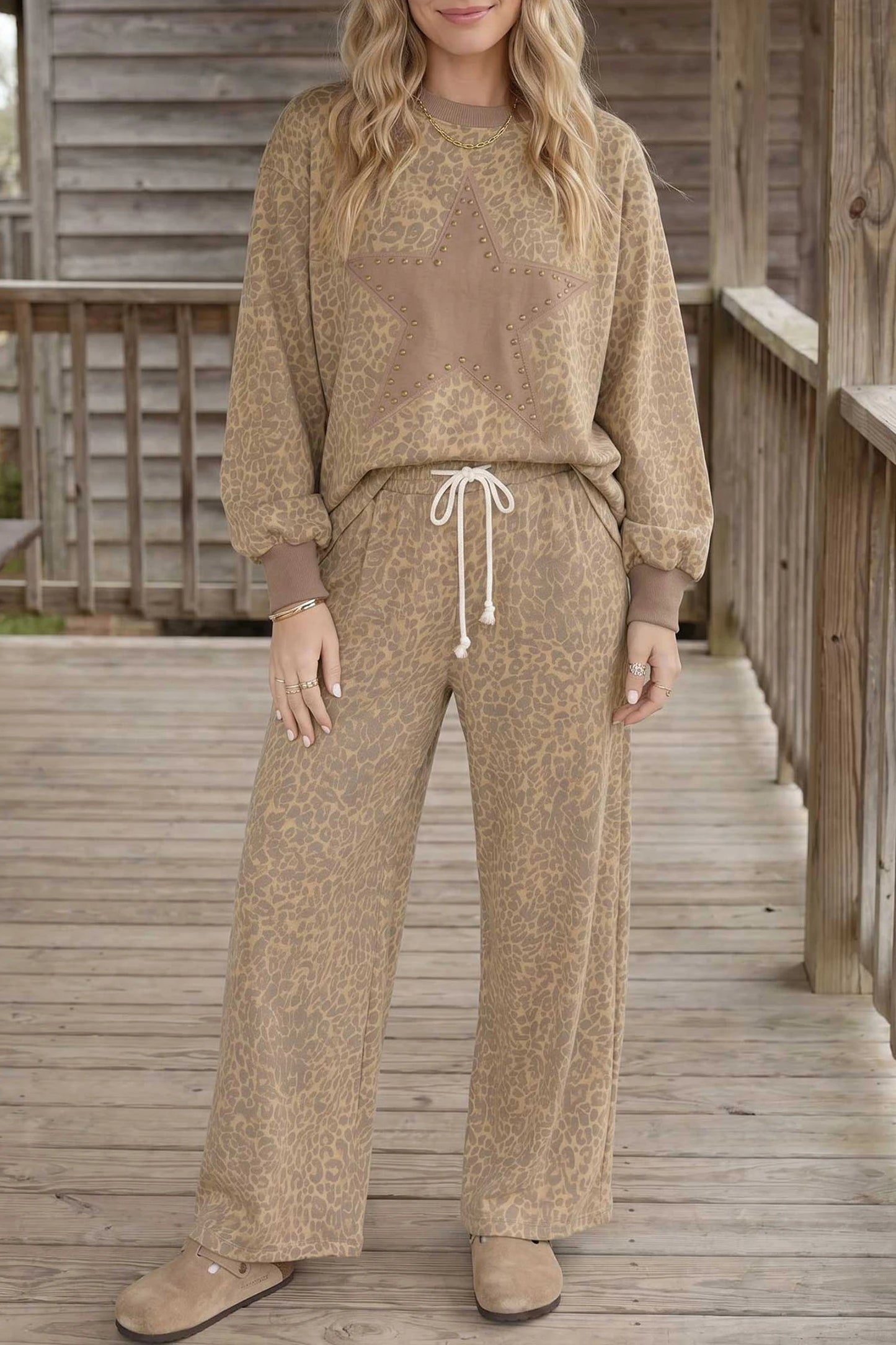 Khaki Leopard Star Print Long Sleeve Loose Casual Two Piece Pants Set