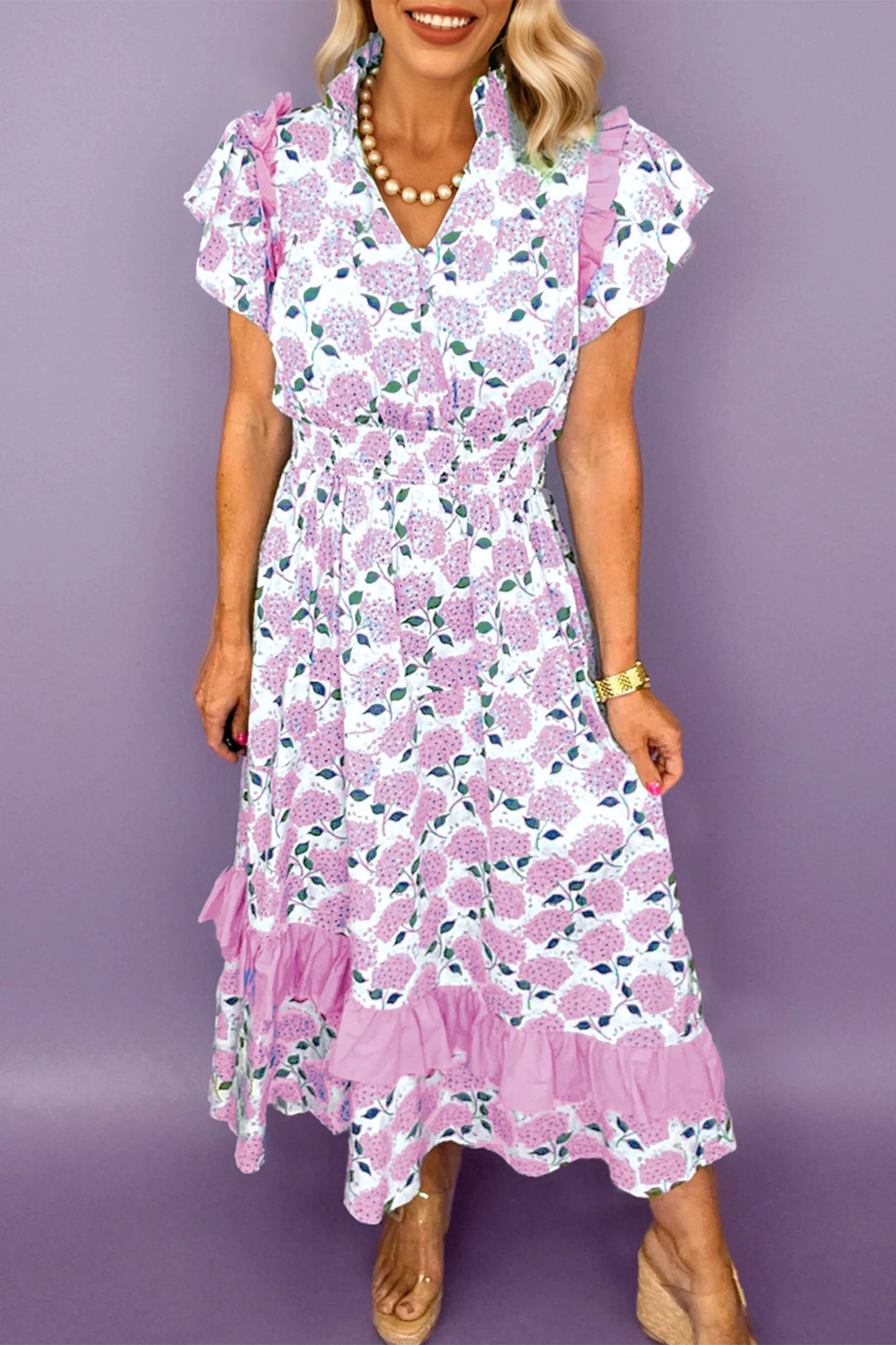 Sky Blue Hydrangea Floral Print Ruffle Trim Flutter Sleeve Long Dress