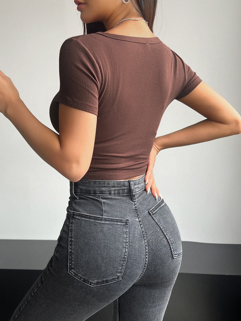 Women's Solid Color Square Neck Short Sleeve T-Shirt Top