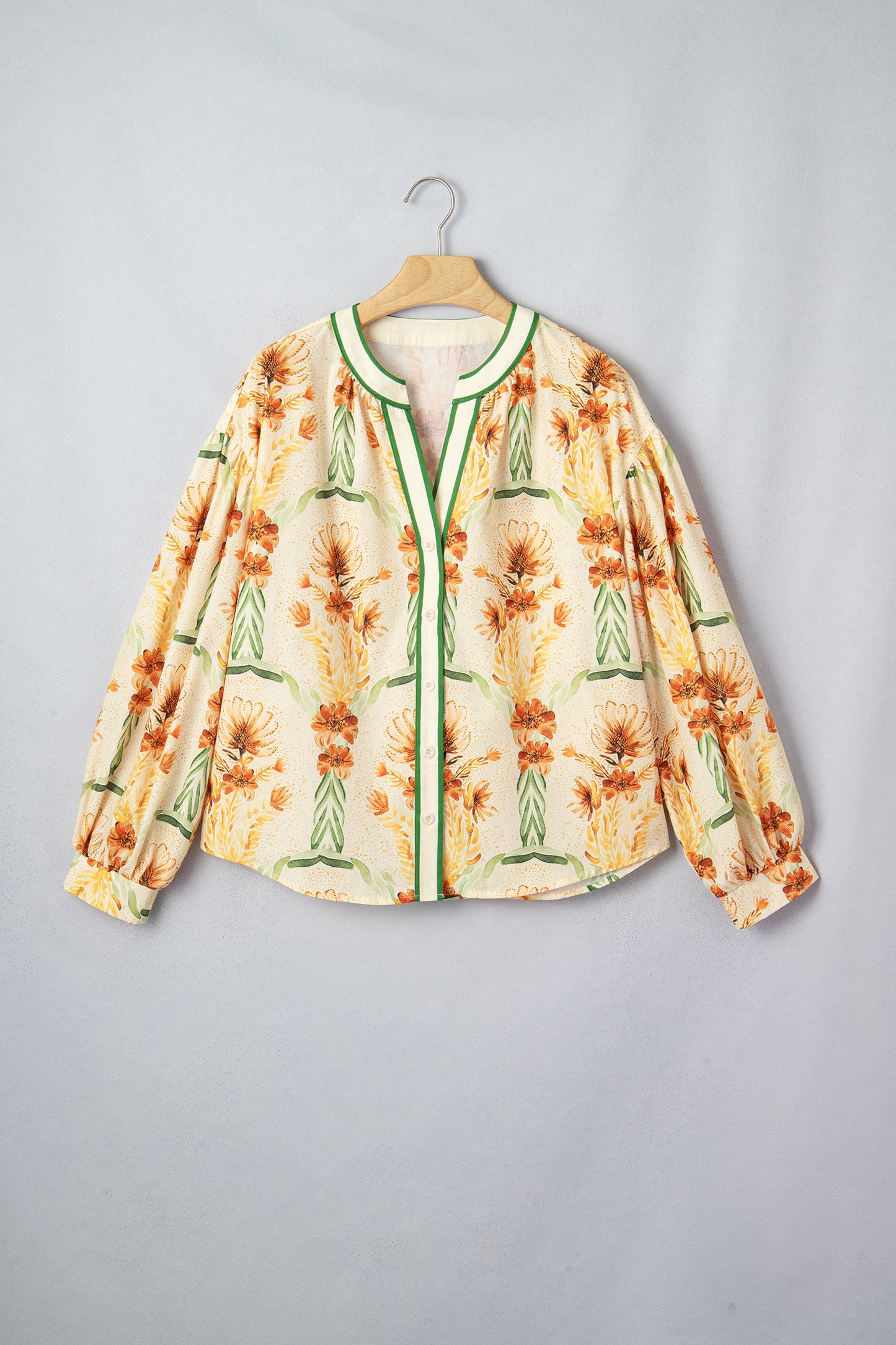Yellow Floral Print V Neck Long Sleeve Shirt