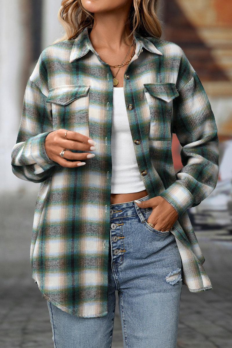 Plaid Button Down Shirt with Chest Pockets and Tie Hem