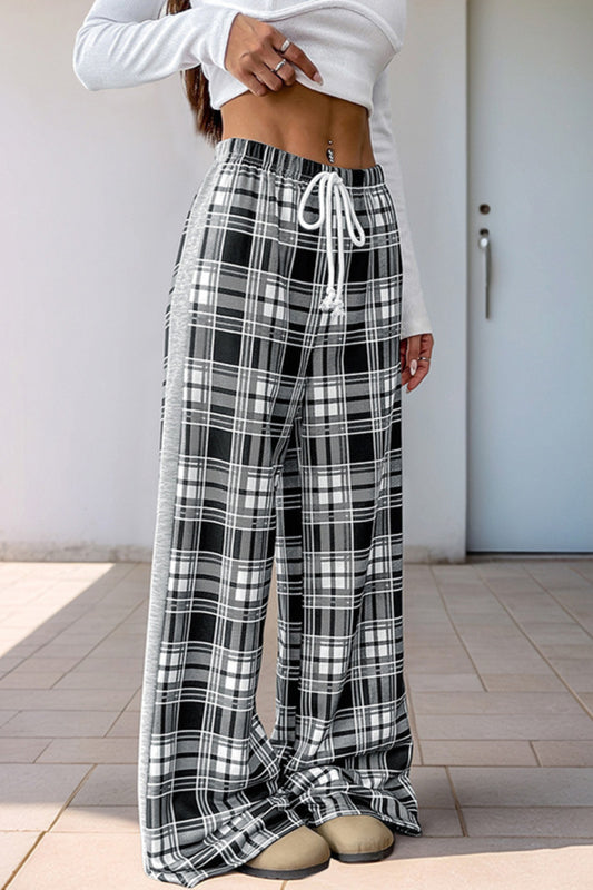 High Waist Plaid Wide Leg Pants Black and White Trousers