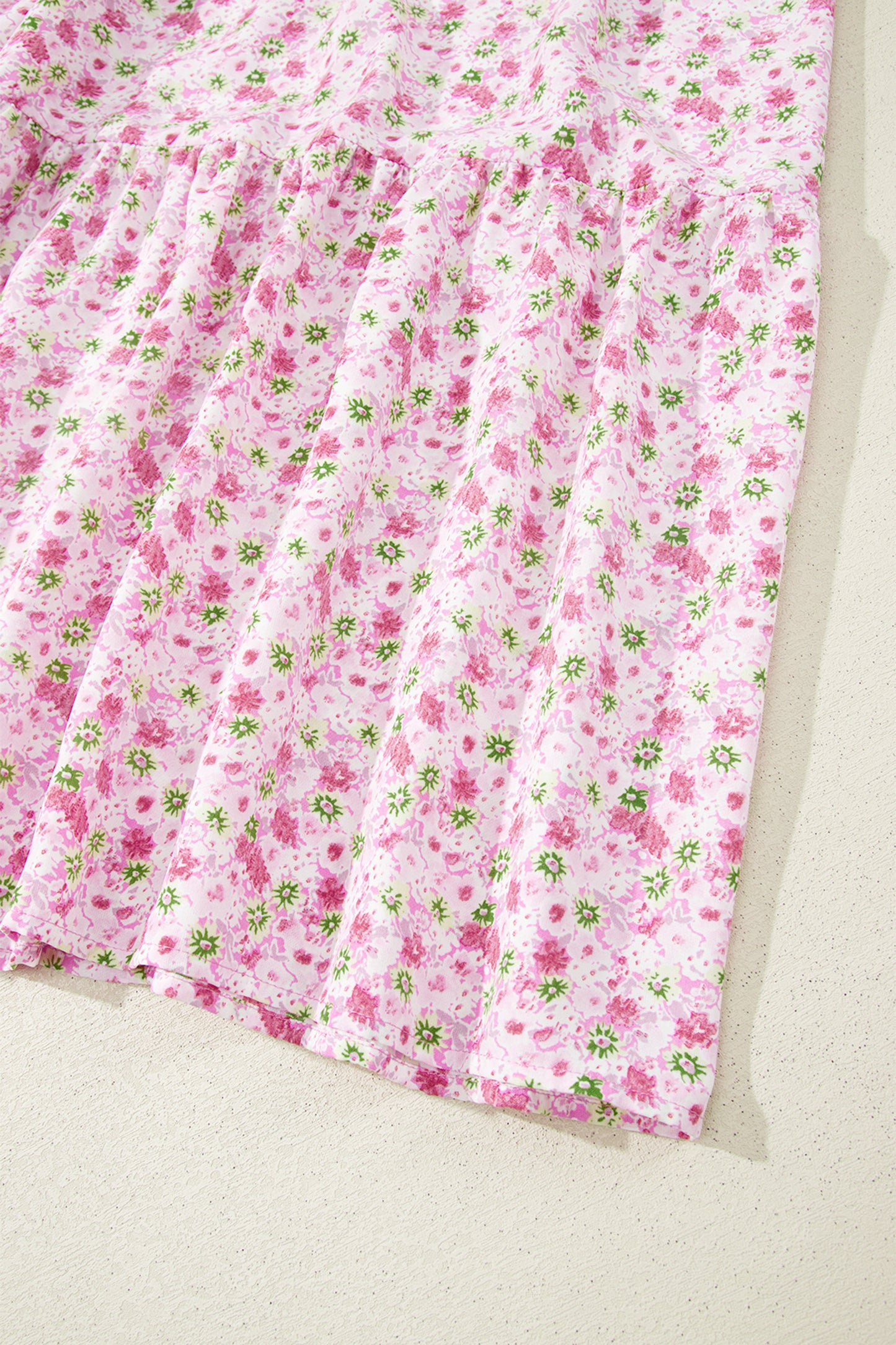 Green Floral Short Bubble Sleeve Shirred High Waist Maxi Dress