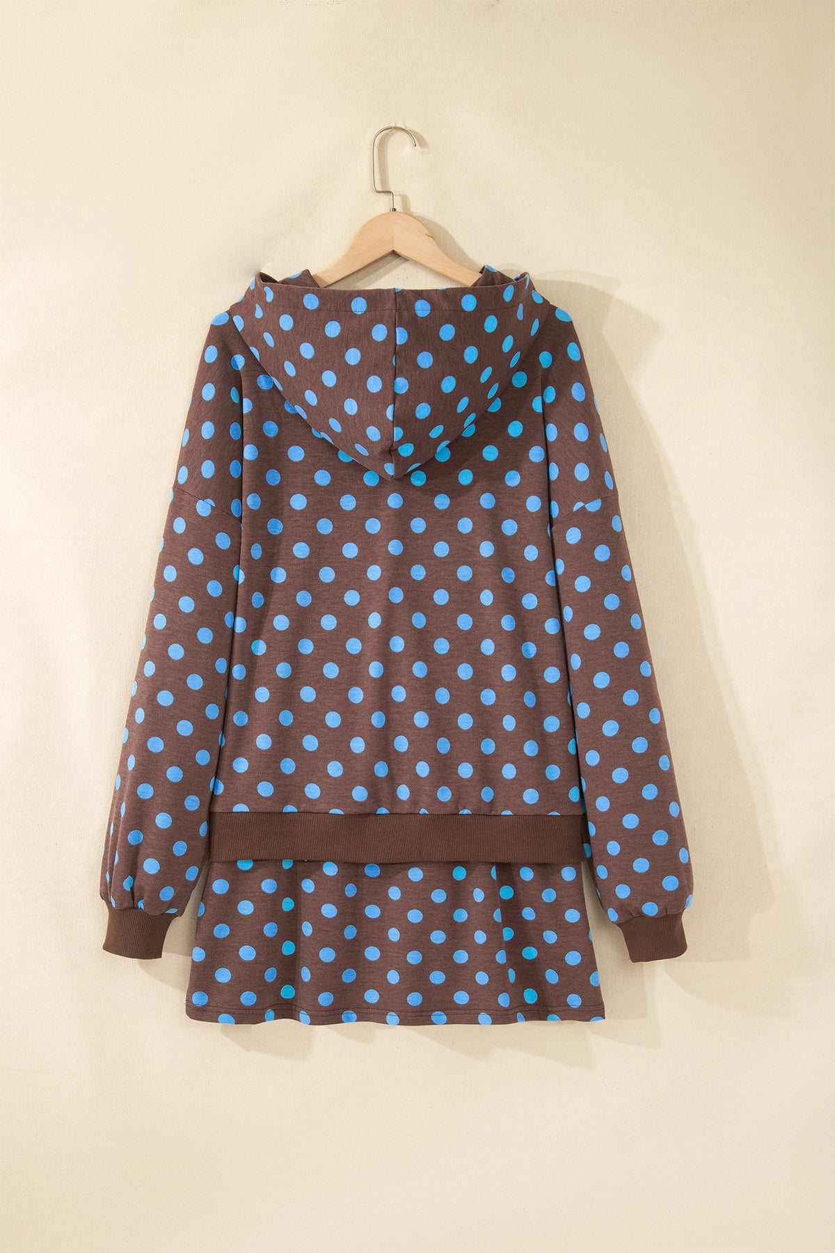 Khaki Polka Dot Hooded Long Sleeve Top Casual Mini Skort Set
