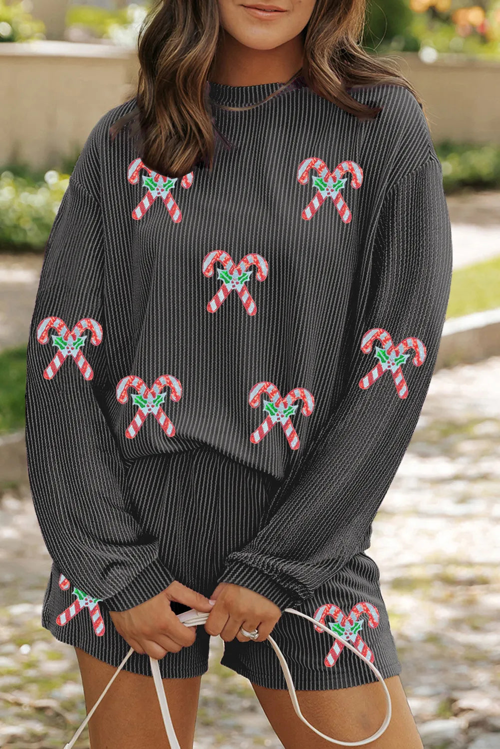 Carbon Grey Twisted Ribbed Sequin Holly Candy Cane Long Sleeve Top and Shorts 2pcs Outfit