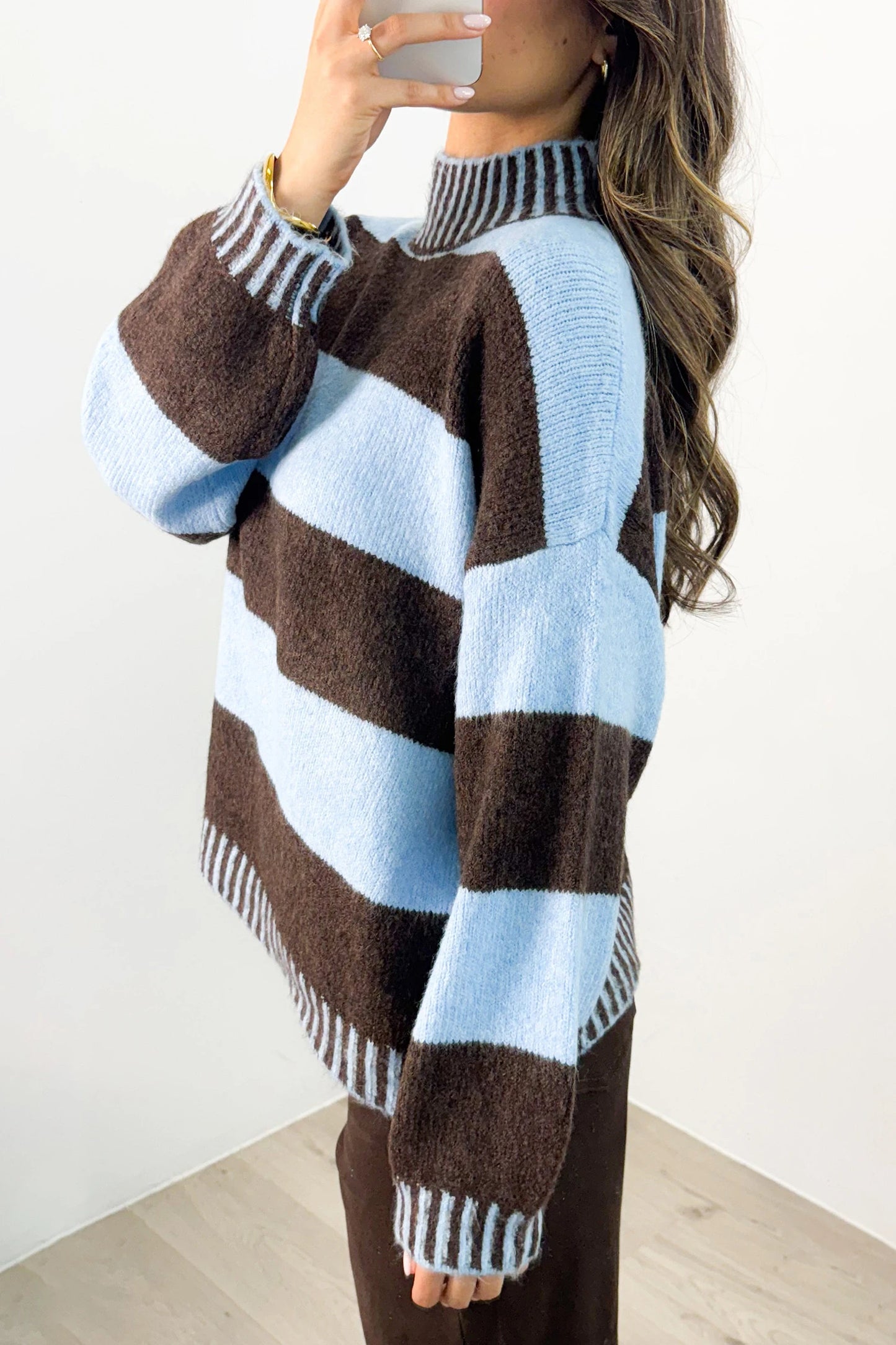 Pink Stripe Contrast High Neck Dropped Shoulder Relaxed Pullover Sweater