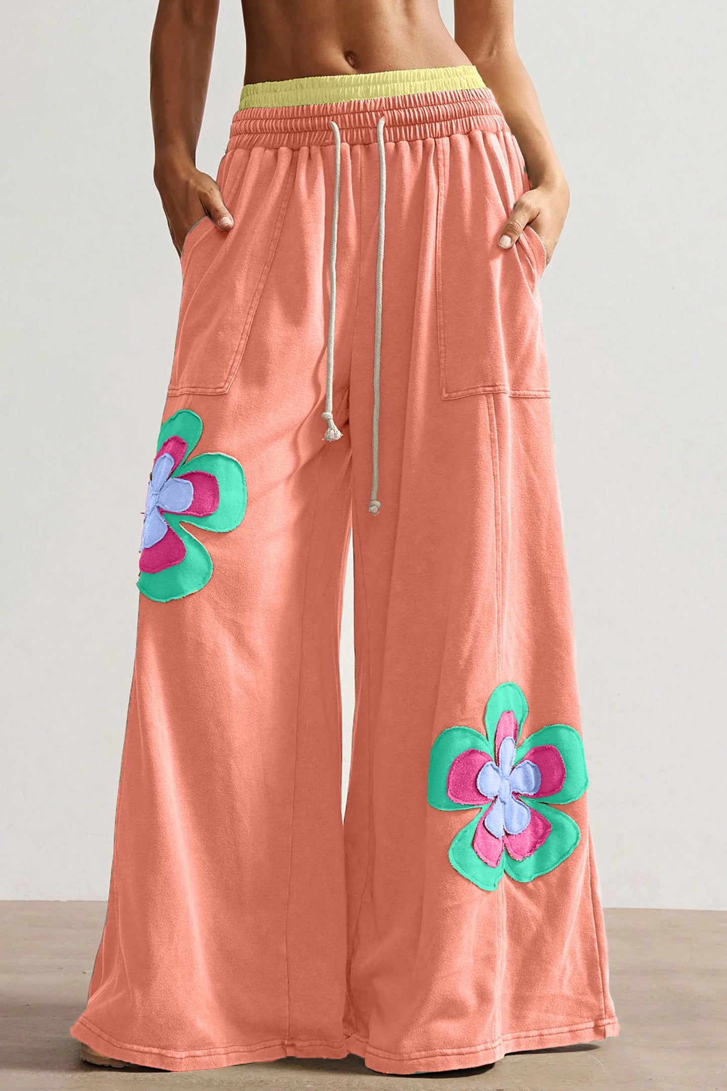 Sky Blue Color Block Flower Patchwork Drawstring Contrasted Elastic Waist Wide Leg Pants