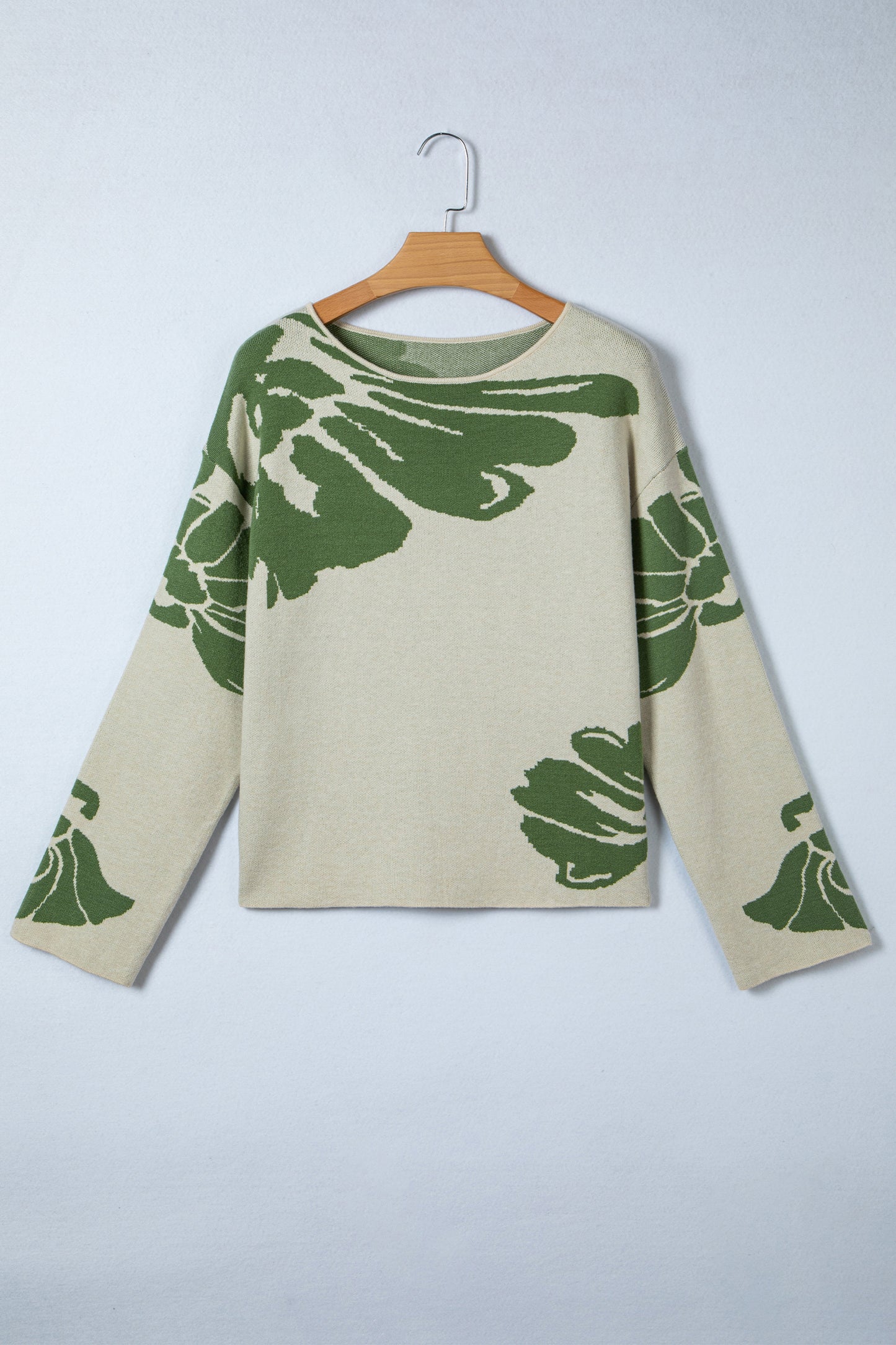 Beige Bold Flower Pattern Wide Sleeve Baggy Sweater