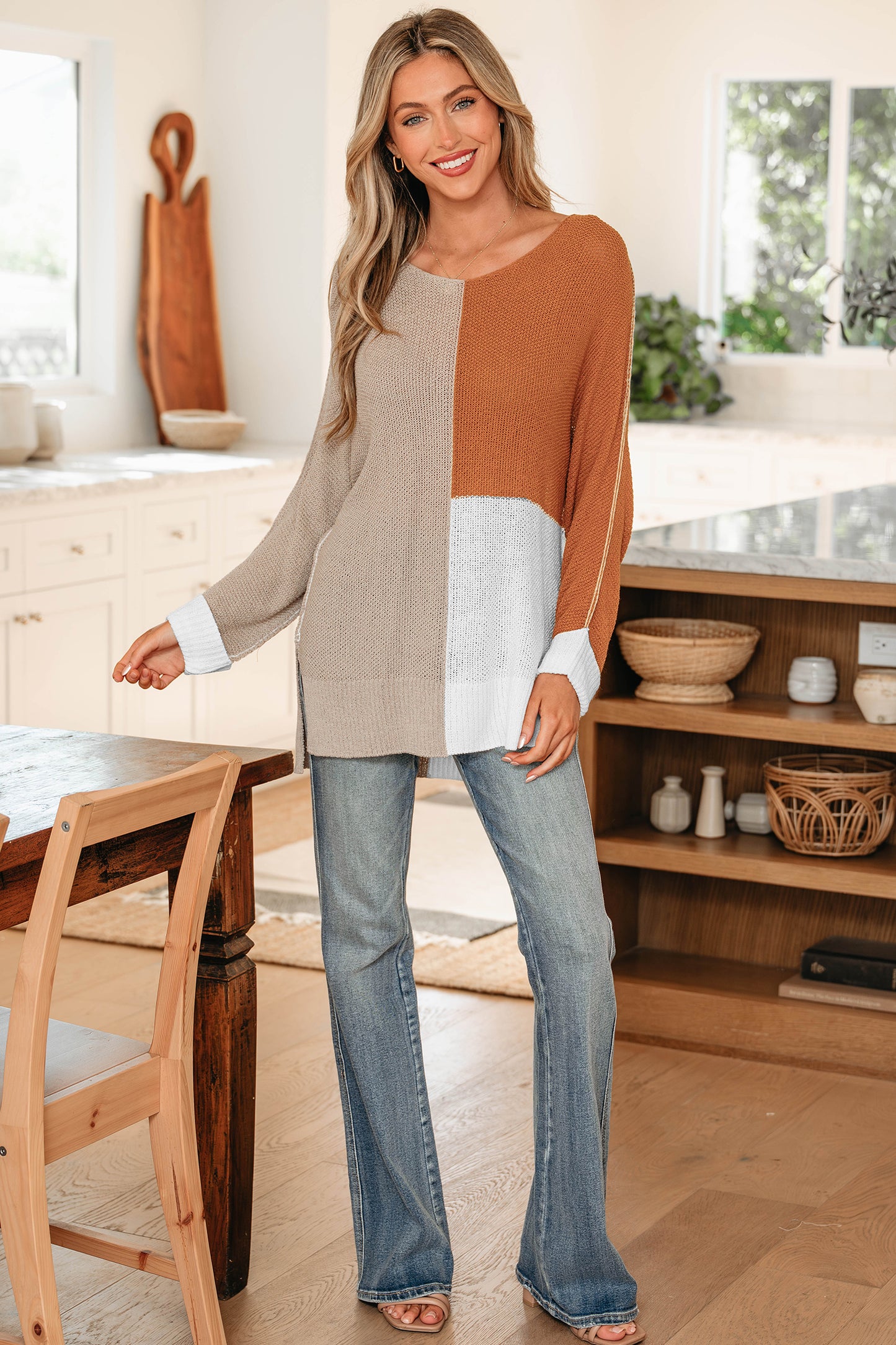 Black Color Block Knit V Neck Loose Sweater