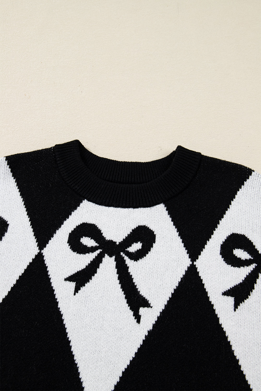 Black Bow Print 2-tone Rhombus Knit Loose Sweater
