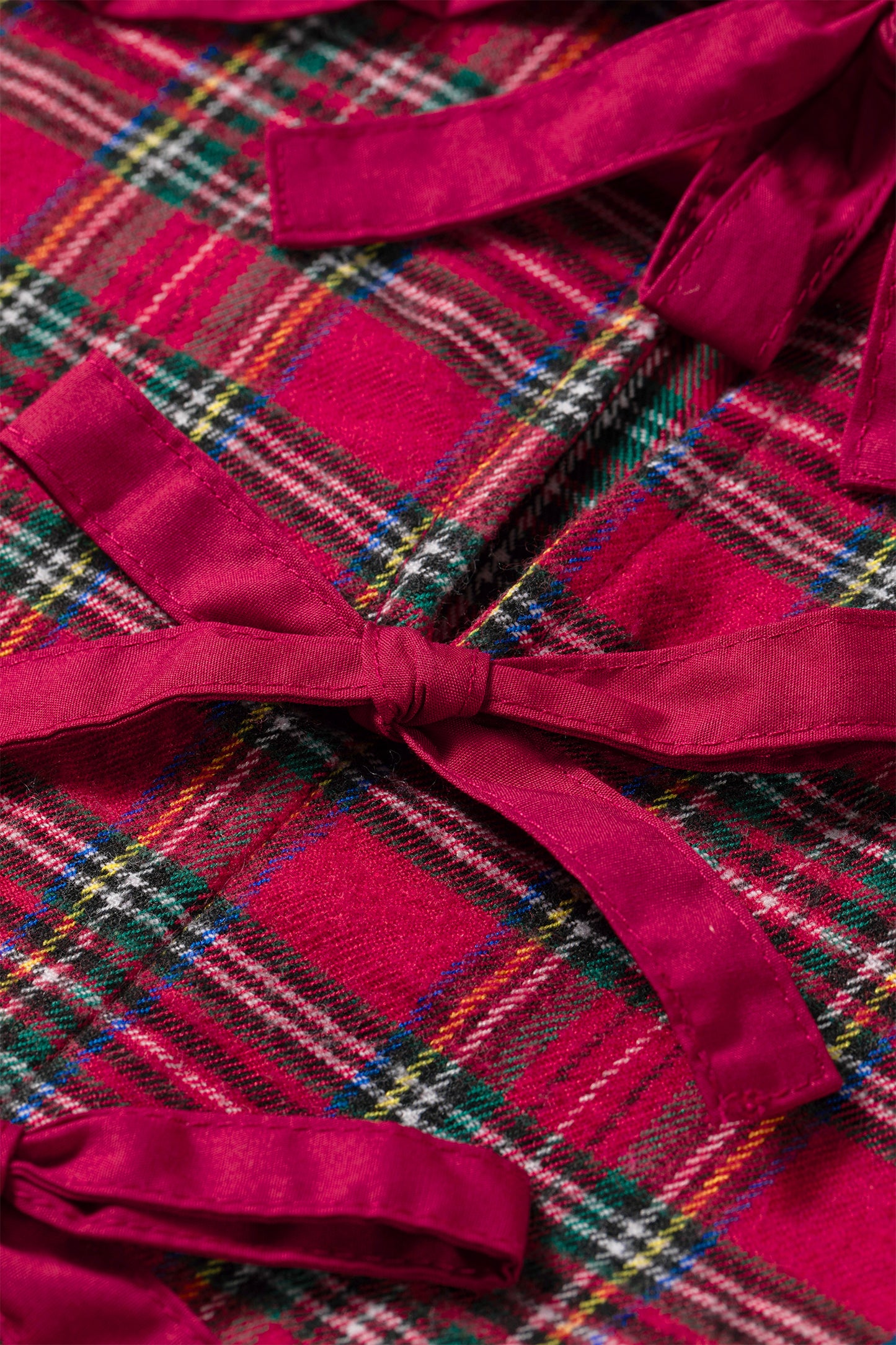 Red Plaid Tie Neck Ruffle Cuffs Long Sleeve Shift Blouse