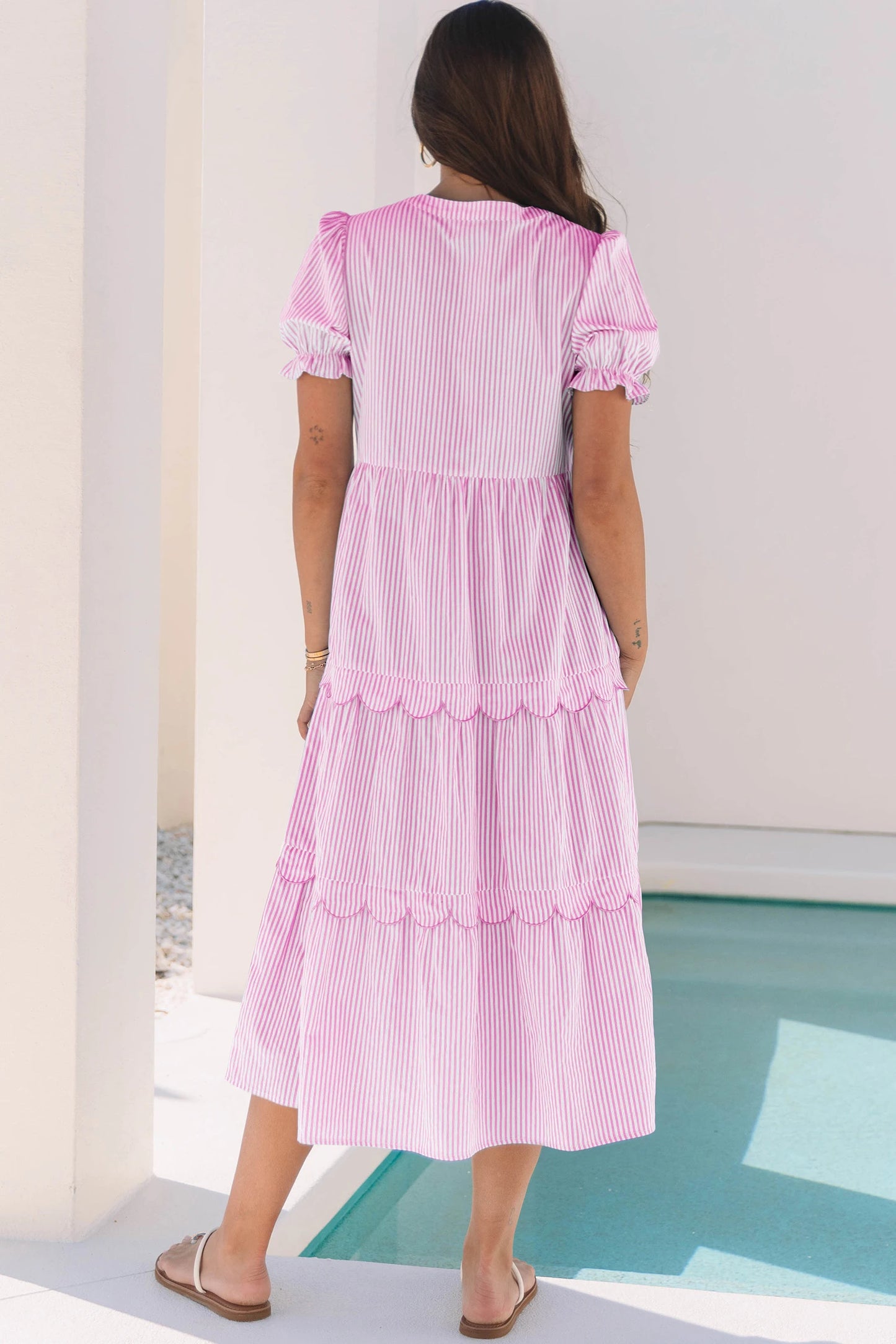 Sky Blue Stripe Bubble Short Sleeve Tiered Scallop Long Dress