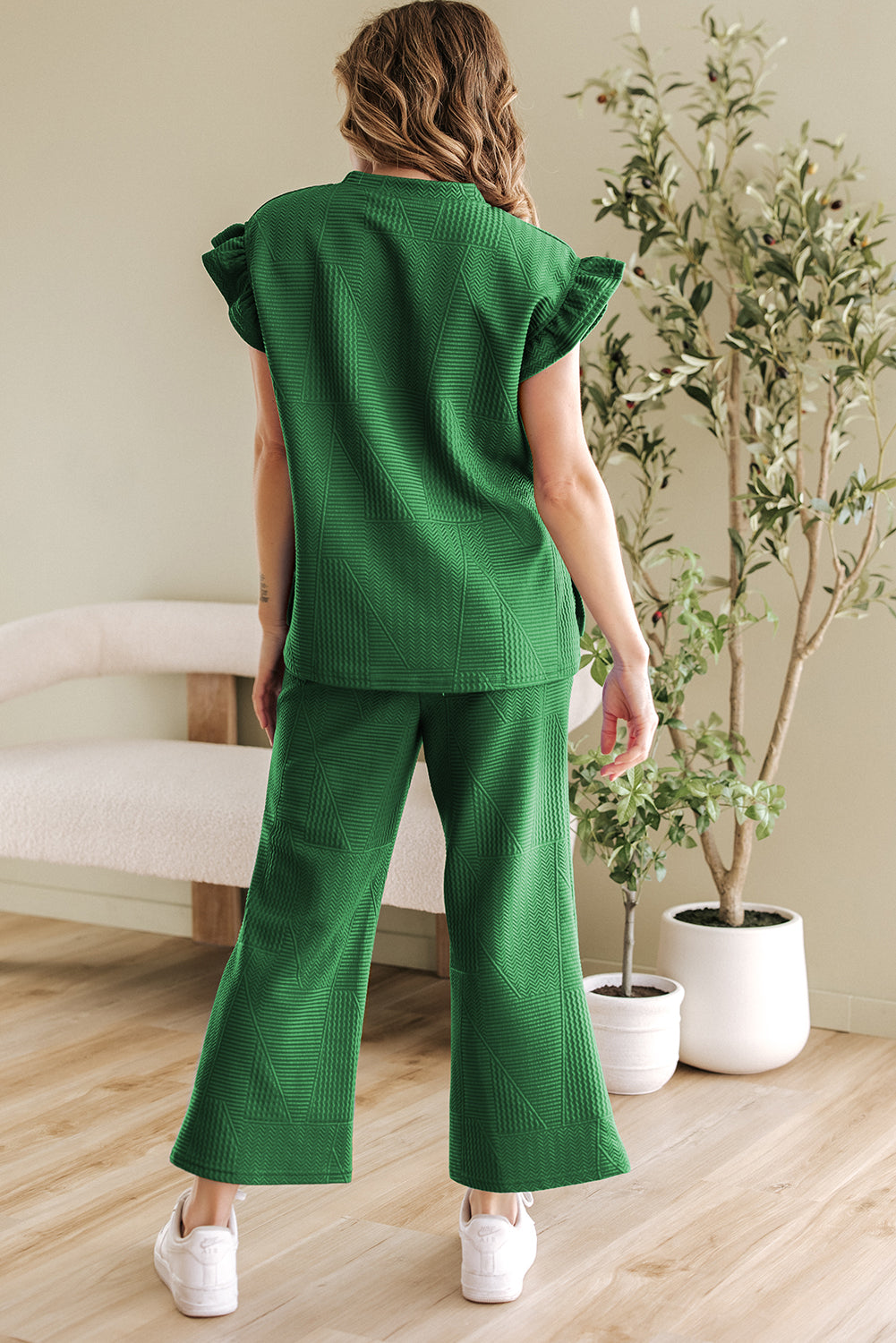 Ruffled Sleeve Summer Top and Cropped Loose Pants Set