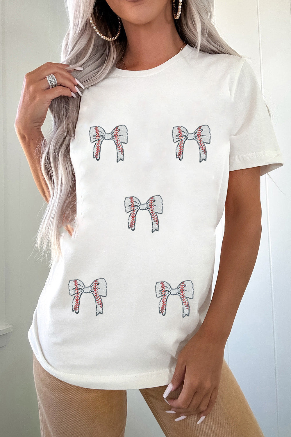White Glitter Baseball Bow Patched Cotton Blend T Shirt
