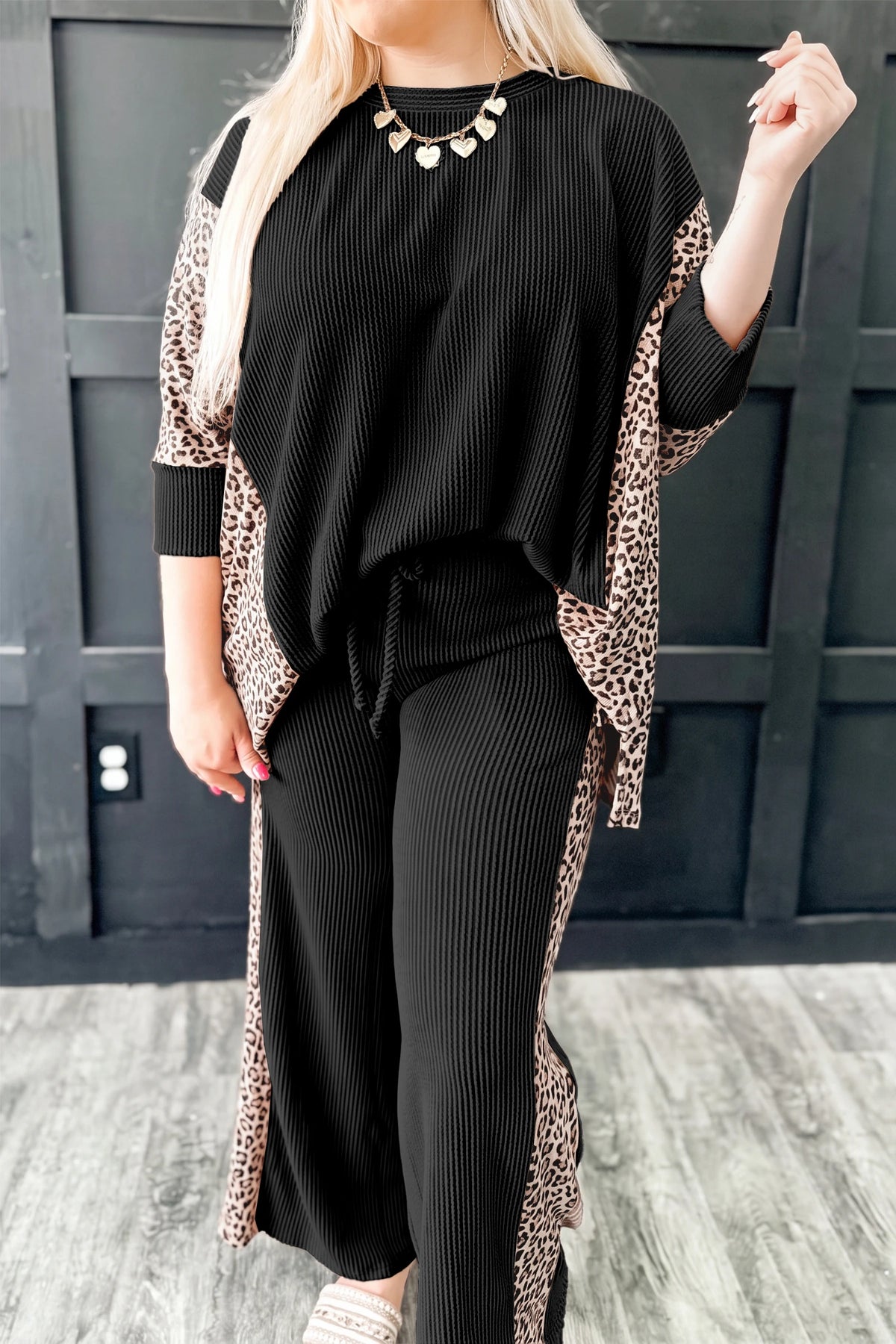 Parchment Leopard Print Twisted Ribbed Patchwork Long Sleeve Top Loose Pant Set