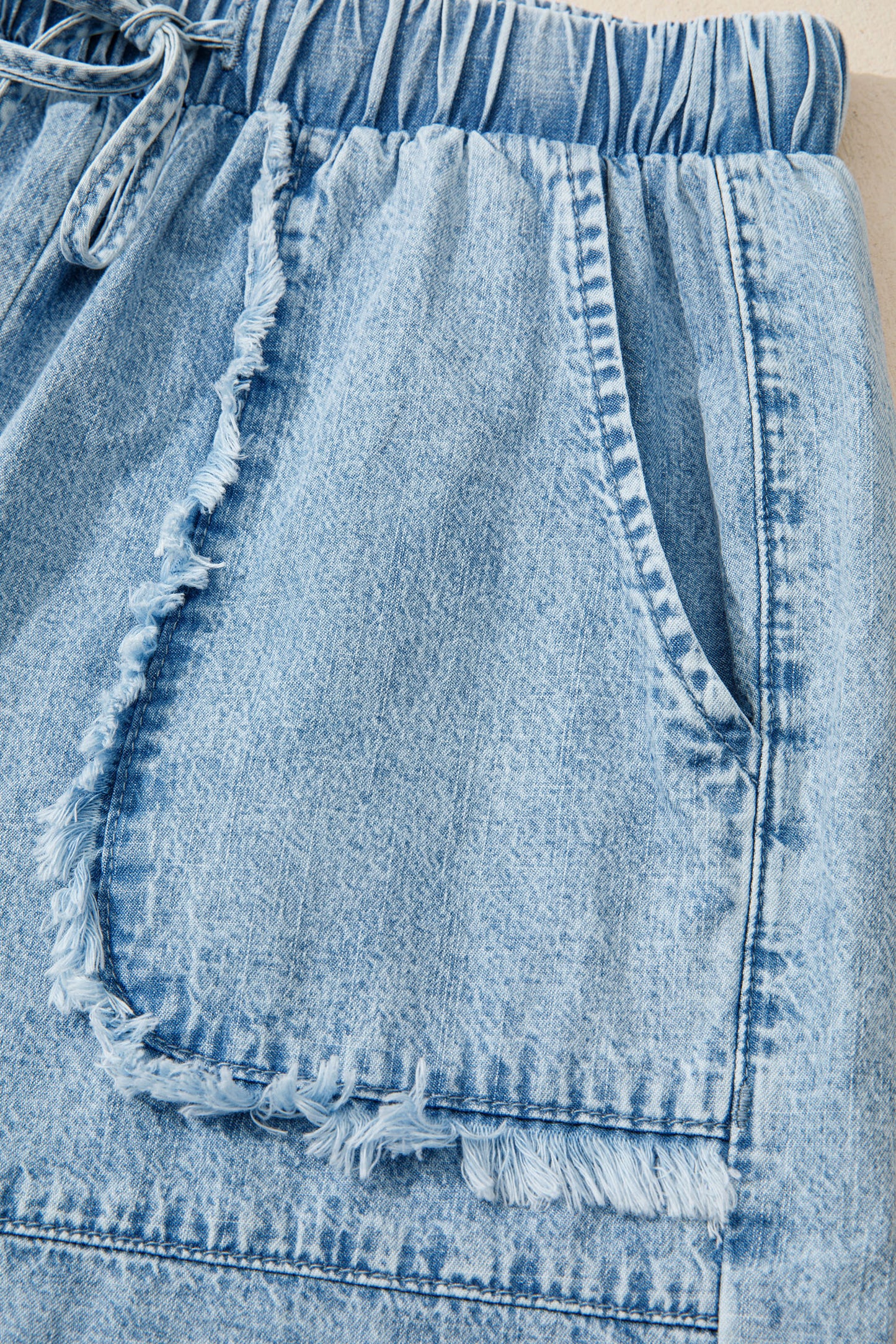 Washed Denim Shorts Drawstring Frayed Casual Summer
