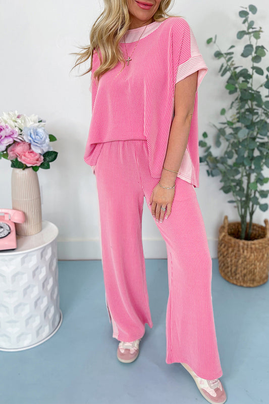 Sachet Pink 2-tone Colorblock Patchwork Corded 2pcs Outfit