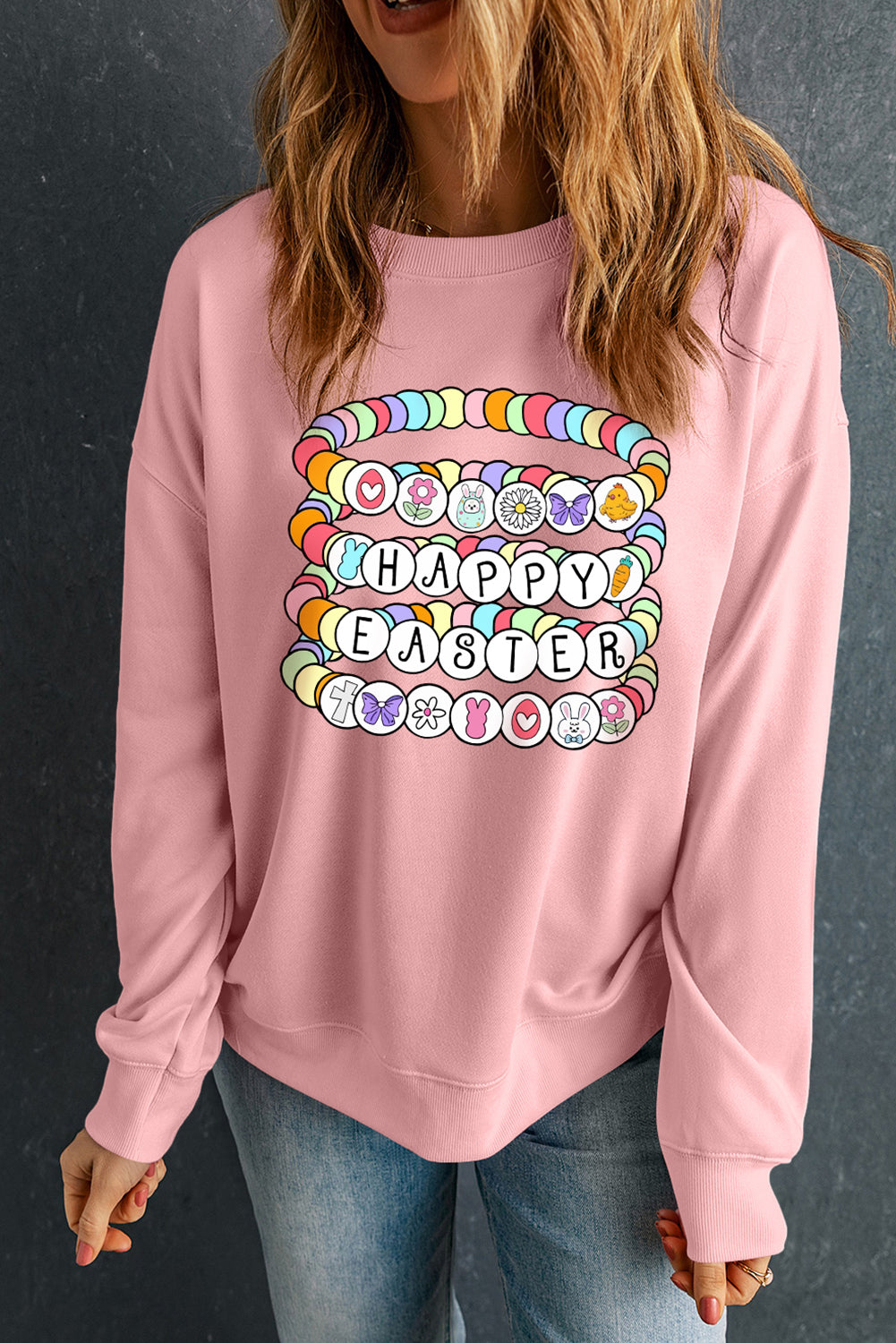 Pink Happy Easter Bracelet Print Drop Shoulder Sweatshirt