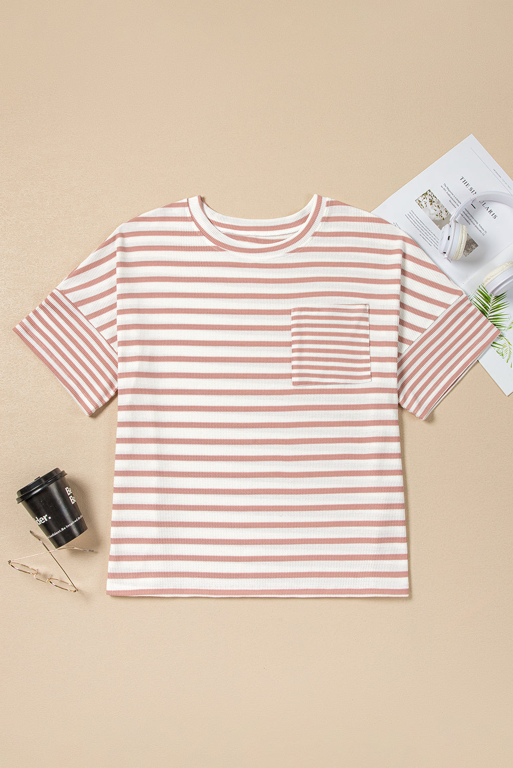 Striped Plus Size Pocket T-Shirt in Pink