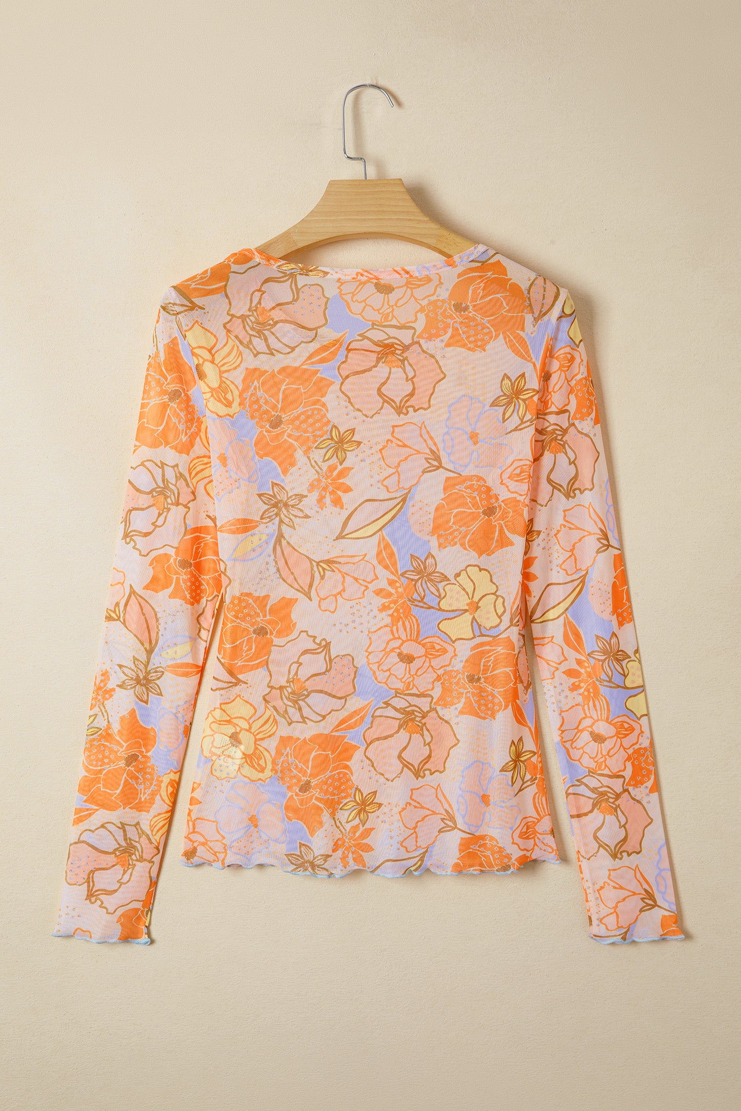 Multicolour Floral Print Lettuce Trim Slim Long Sleeve Top