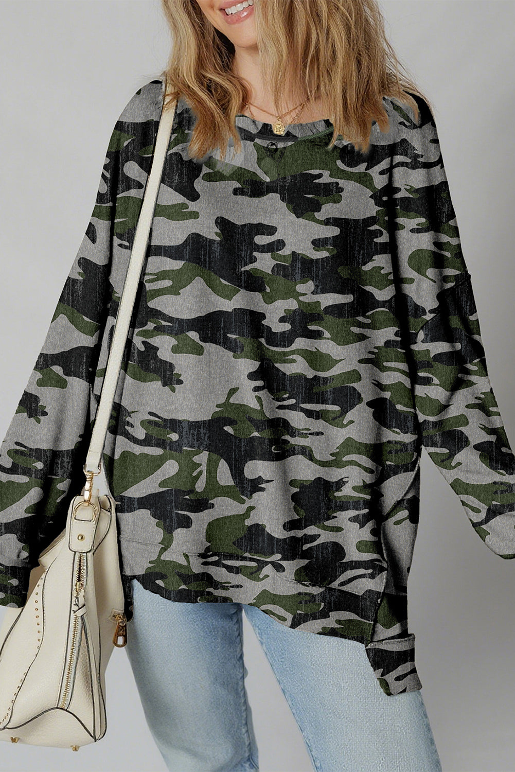 Multicolour Retro Camouflage Print Exposed Seam Patchwork Drop Shoulder Sweatshirt