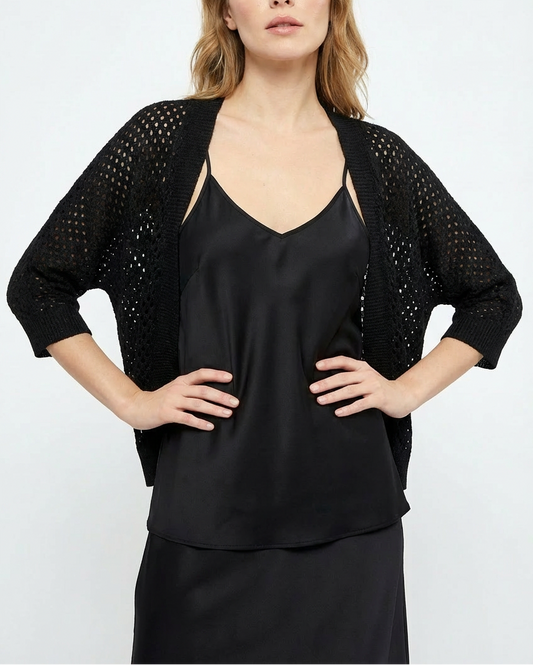 Black Open Knit Front Tie Lightweight Cardigan