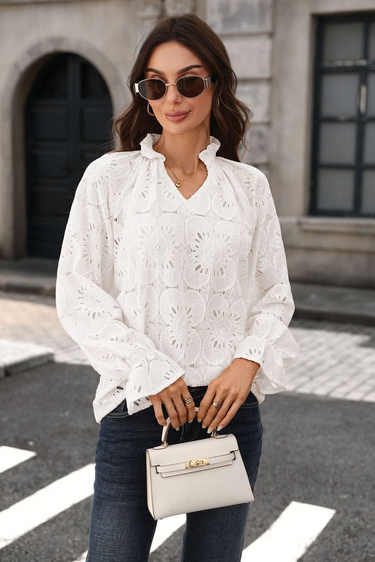 Eyelet Lace V Neck Top Long Sleeve Loose Casual Blouse