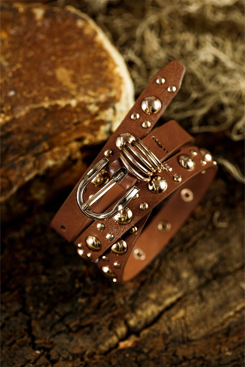 Thai Curry Faux Leather Golden Studded Ring Detail Belt