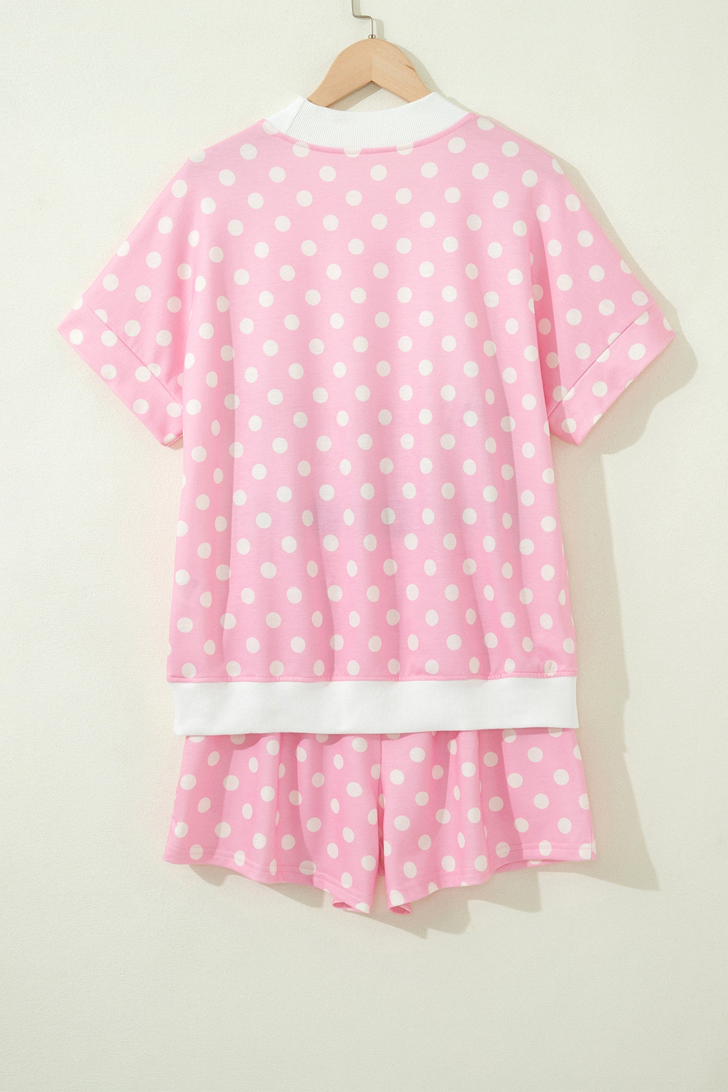 Sky Blue Polka Dot Print Color Block Trim Mock Neck Short Set