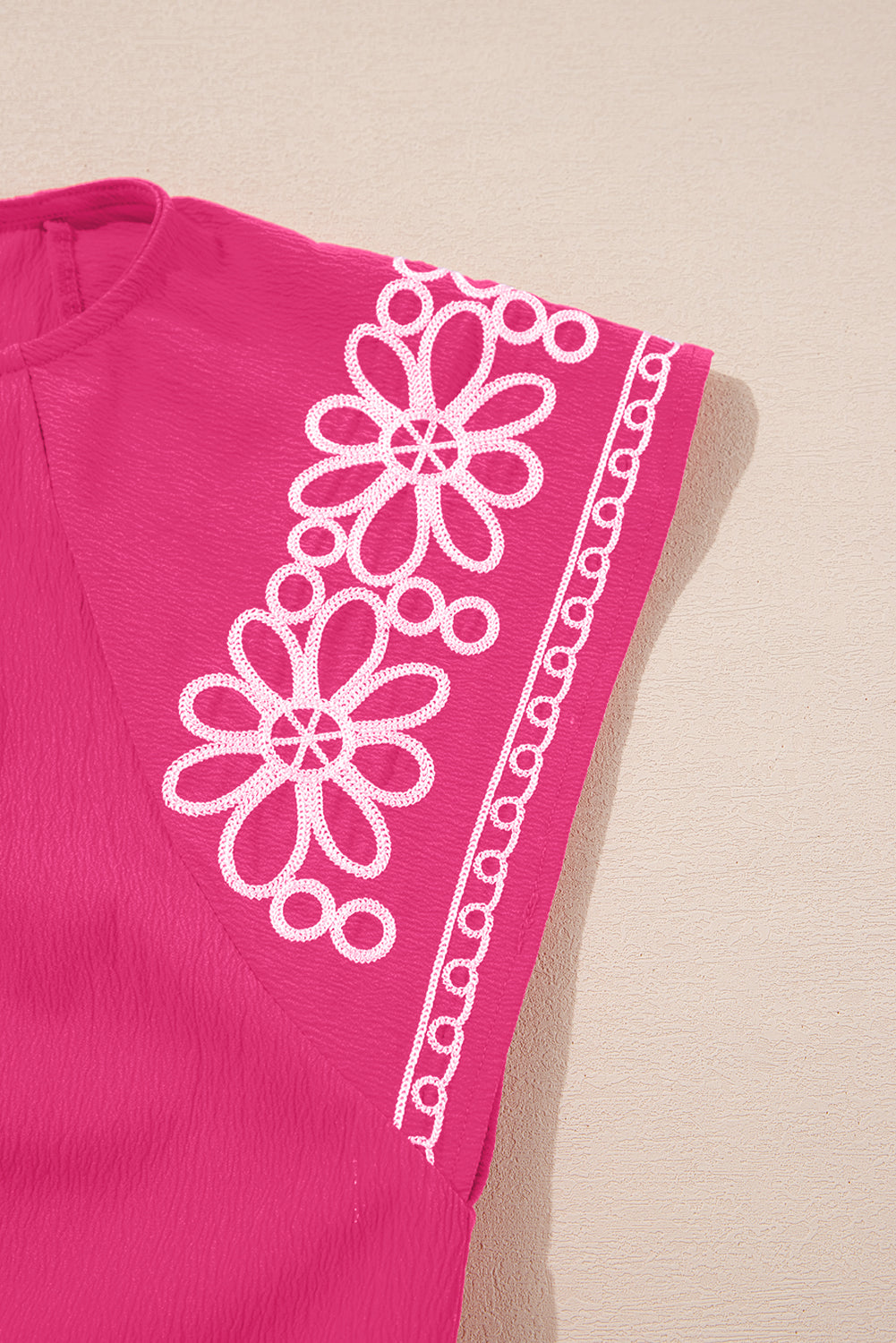 Sachet Pink Floral Embroidered Flutter Sleeve Pleated Neck Blouse