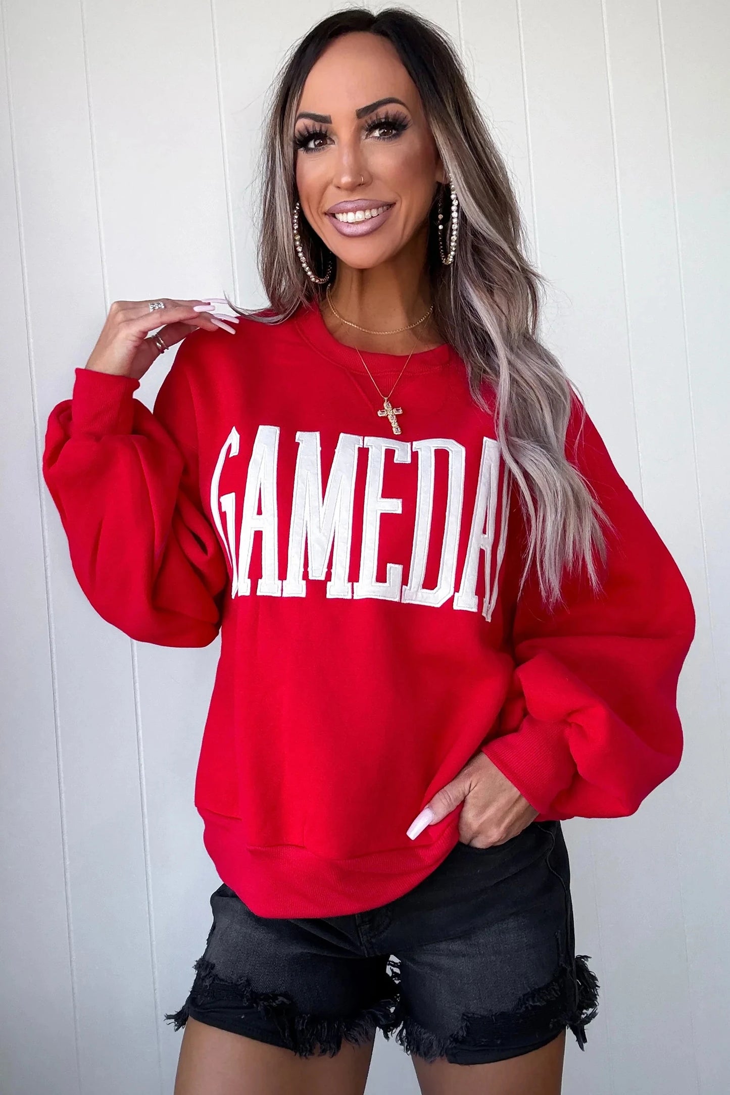GAMEDAY Embroidered Patch Pattern Casual Shift Sweatshirt