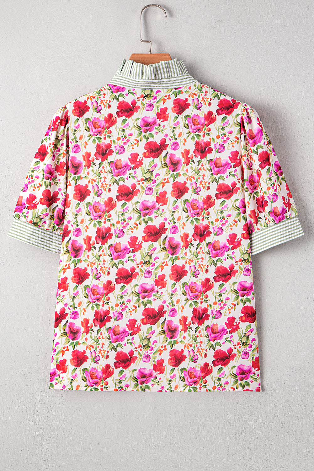 Red Floral Print Striped Patchwork Collared Short Sleeve Blouse