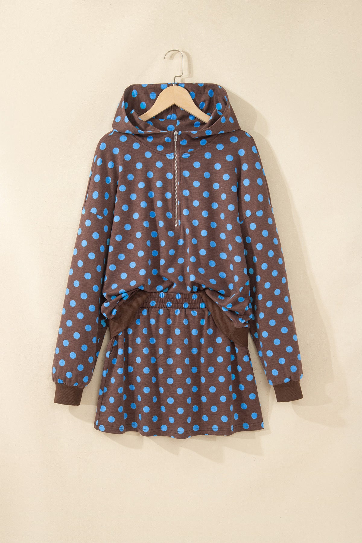 Khaki Polka Dot Hooded Long Sleeve Top Casual Mini Skort Set