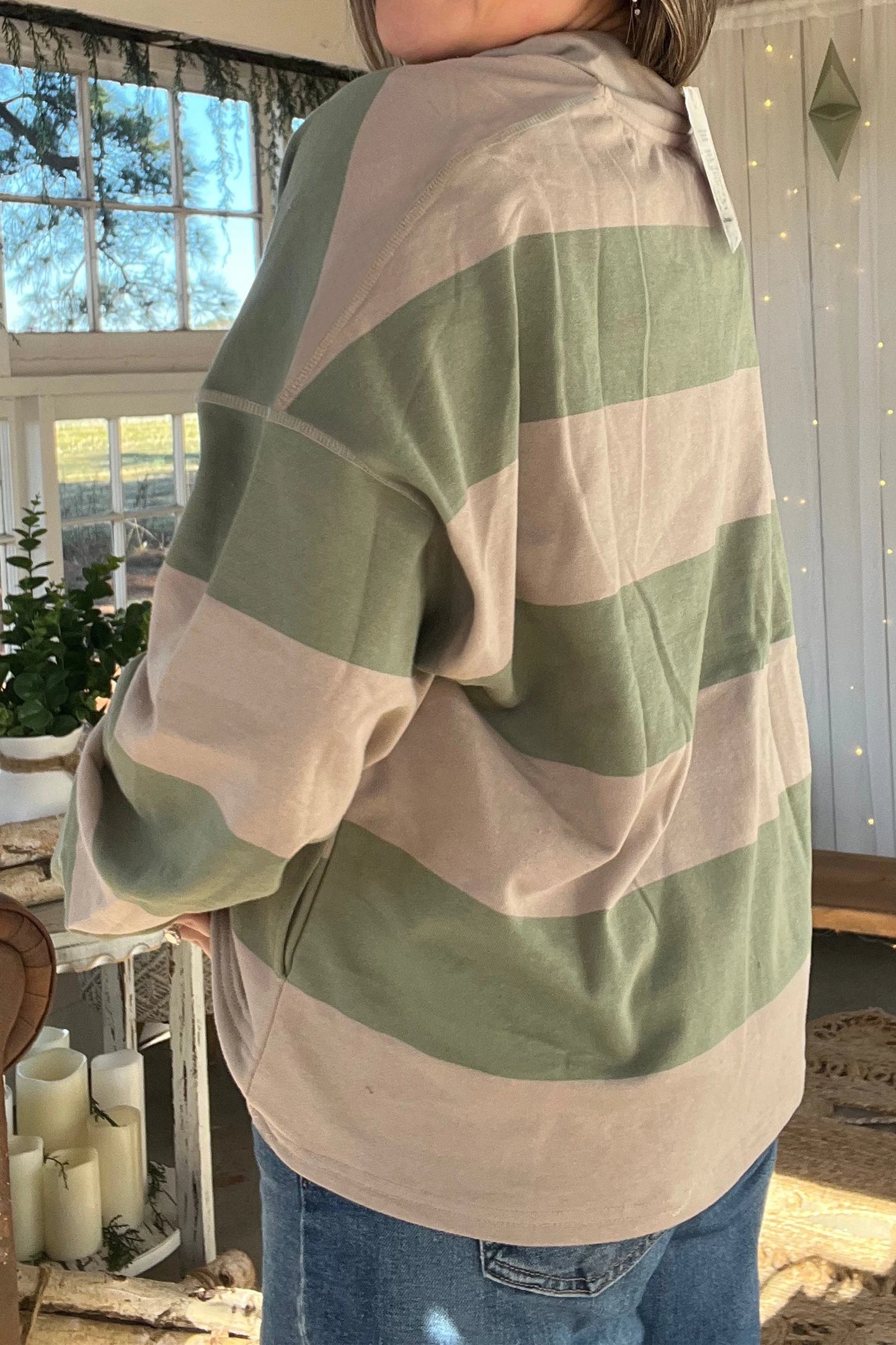 Striped Colorblock Zipper Pullover Long Sleeve Loose Top