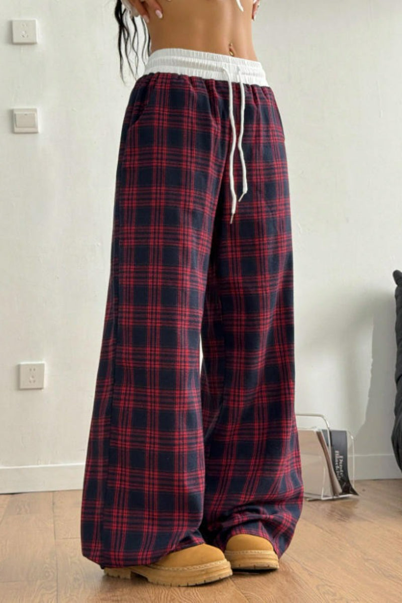 Plaid Wide Leg Pants Drawstring Elastic Waist Casual