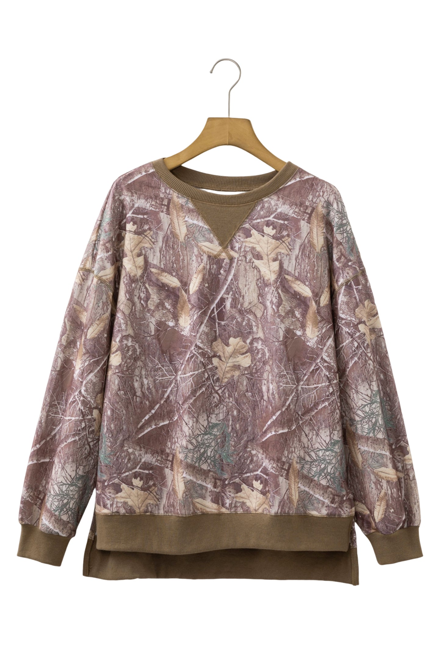 Brown Abstract Camo Print Color Block Detail Baggy Pullover Sweatshirt