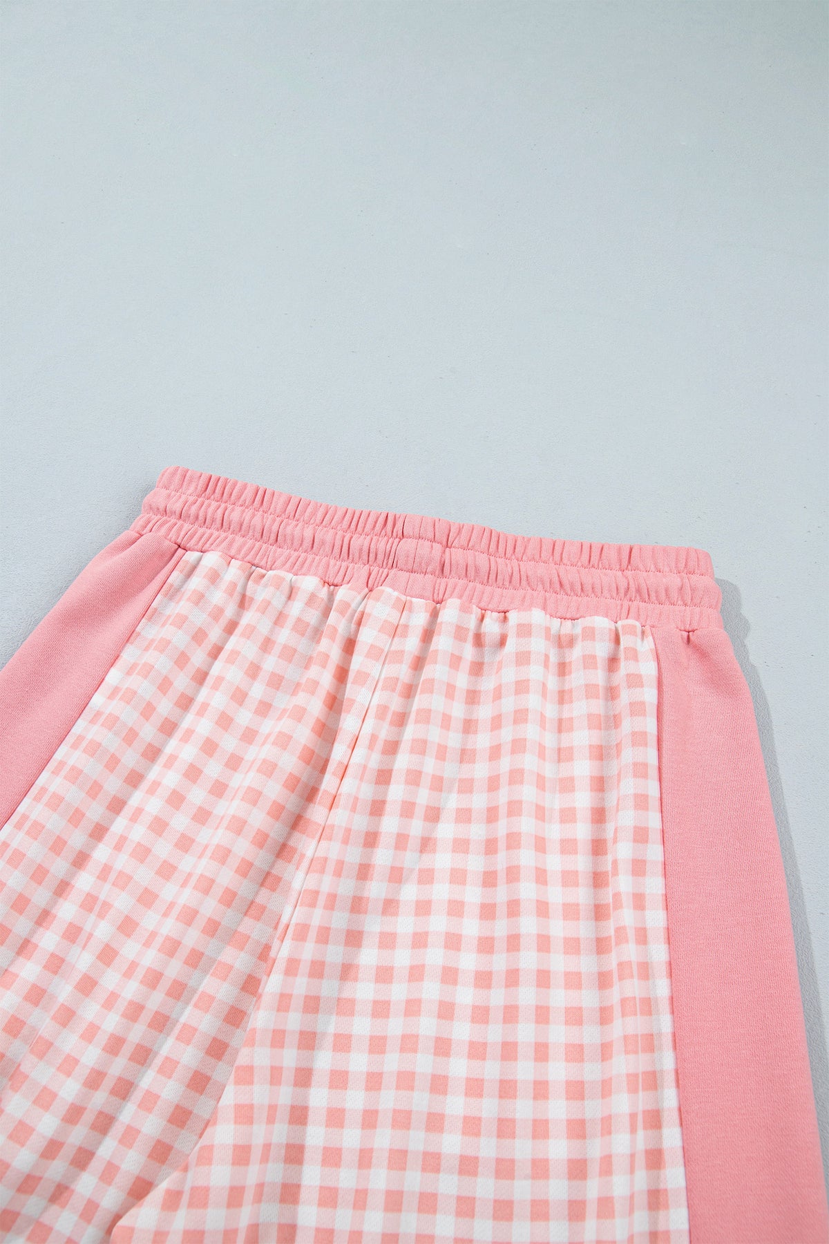 Khaki Color Block Plaid Patchwork Long Sleeve Pullover Wide Leg Pant Set