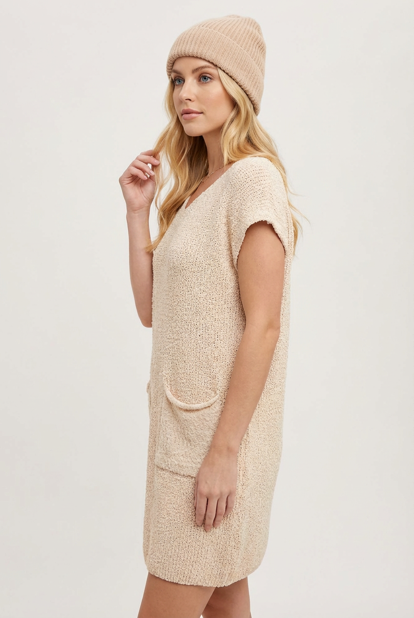 V Neck Knit Sweater Dress with Pockets Casual