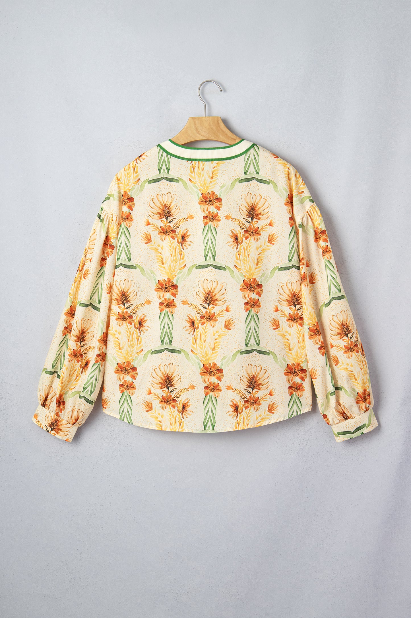 Yellow Floral Print V Neck Long Sleeve Shirt