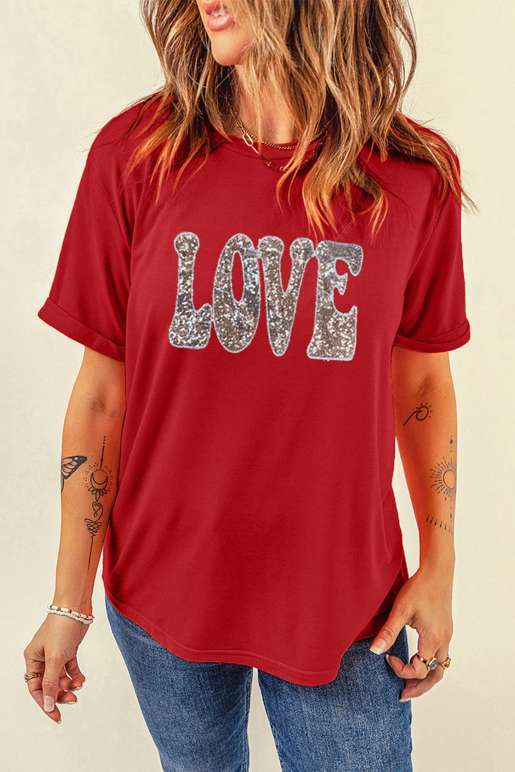 Red Sequined LOVE Letter Valentines T-shirt