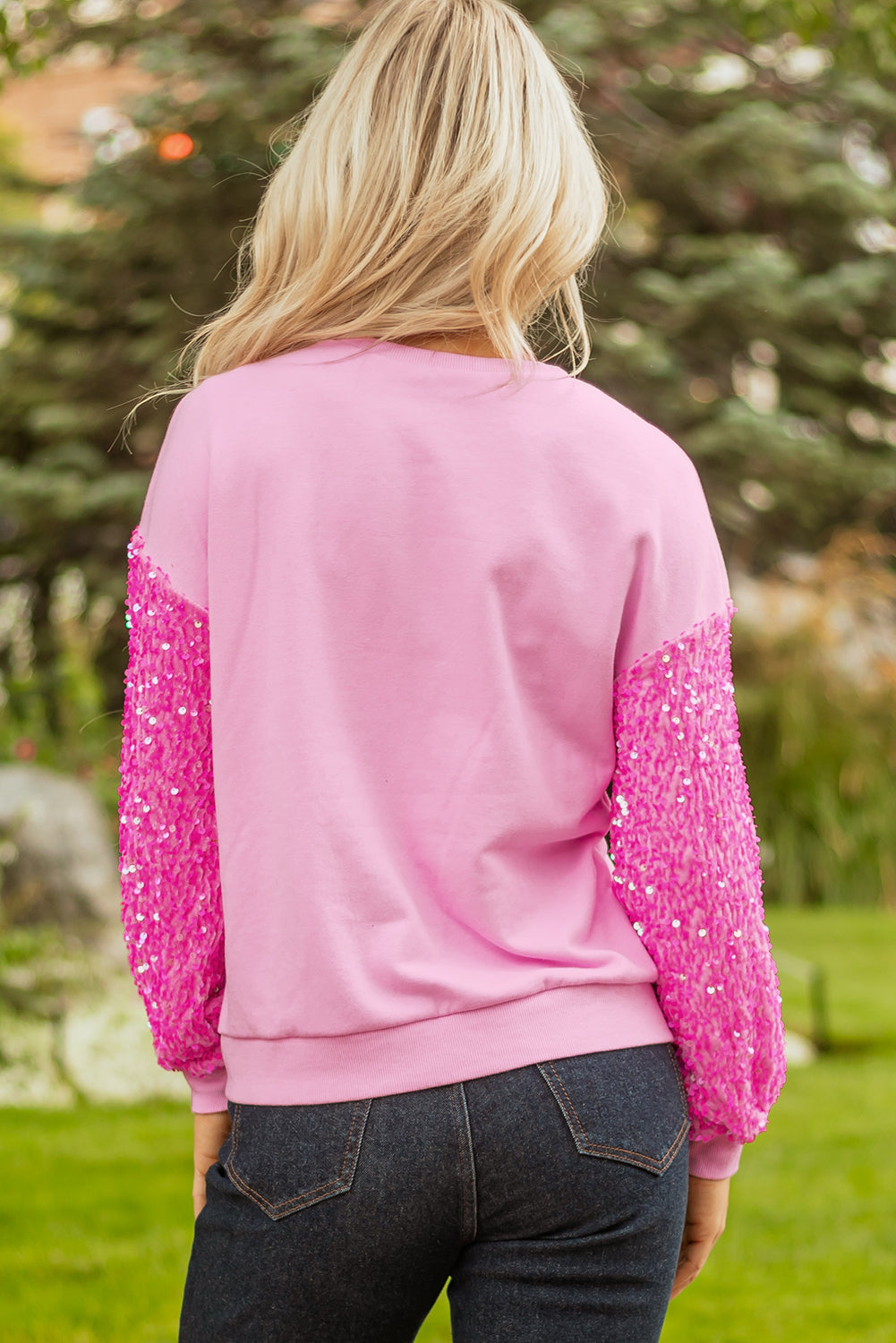 Pink Sequin Sleeve Pumpkin Pattern Thanksgiving Halloween Patchwork Pullover Top