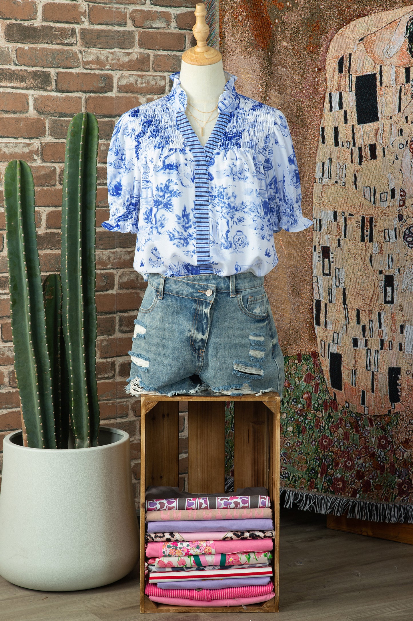Striped Polyester Blouse Abstract Shift Short Sleeve