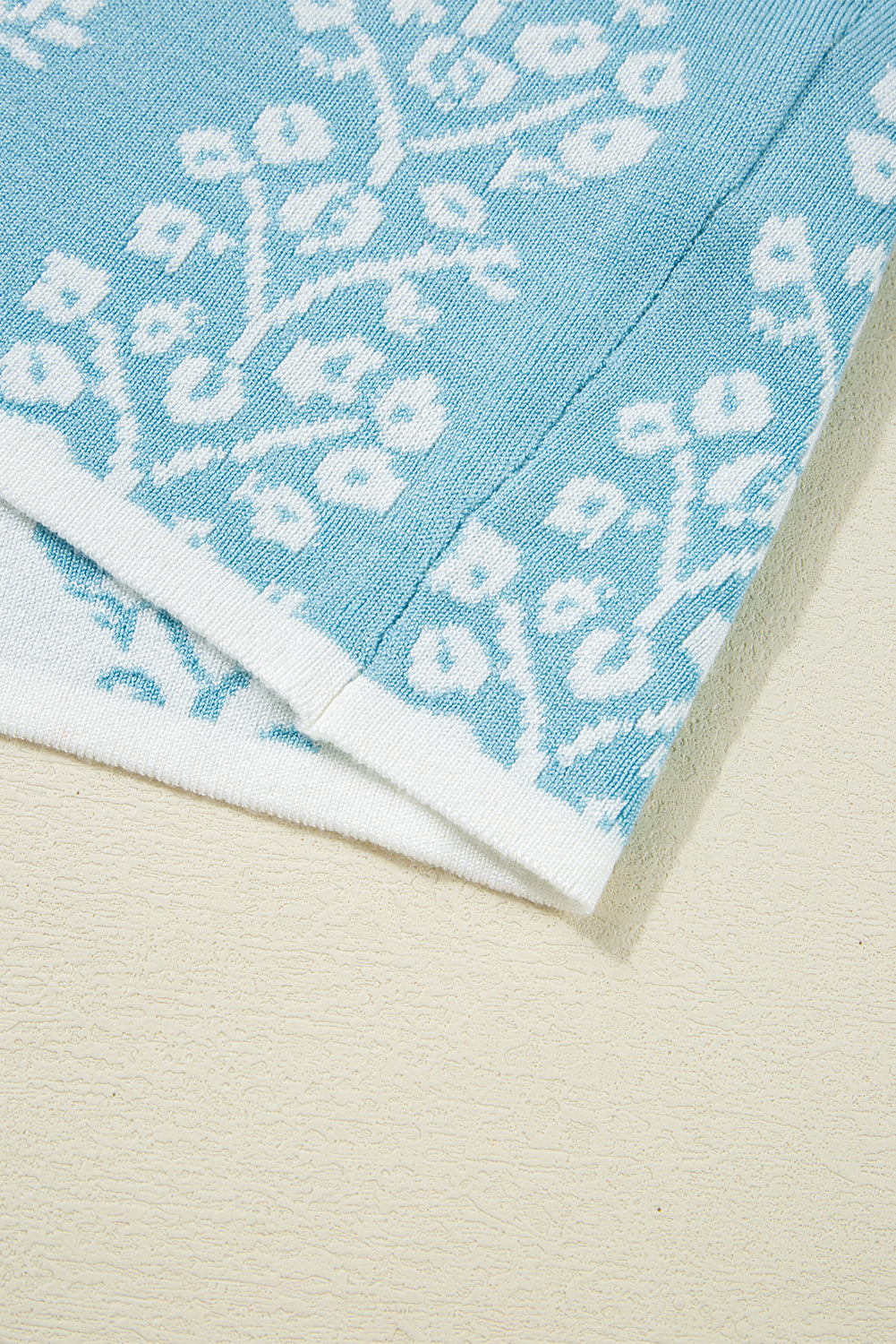 Sky Blue Contrast Floral Crewneck Short Sleeve Sweater