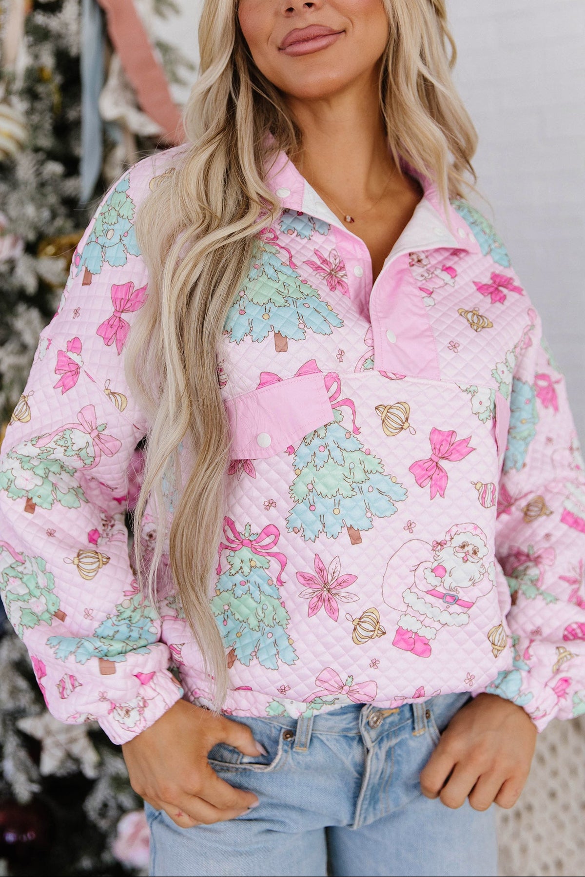 Pink Cute Christmas Print Collar Half Button Loose Sweatshirt