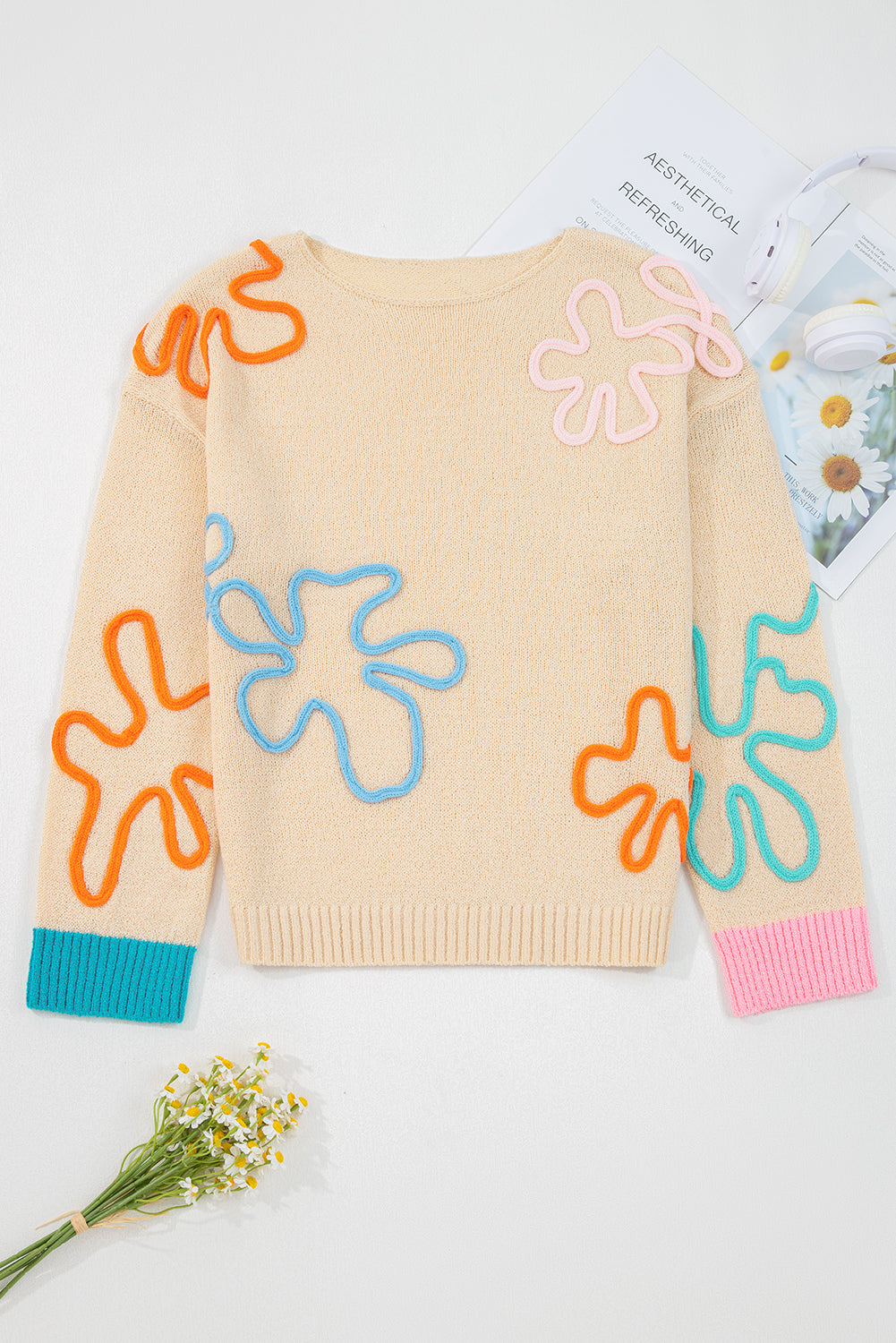 Jet Stream Contrast Flower Detail Colorblock Cuffed Loose Sweater