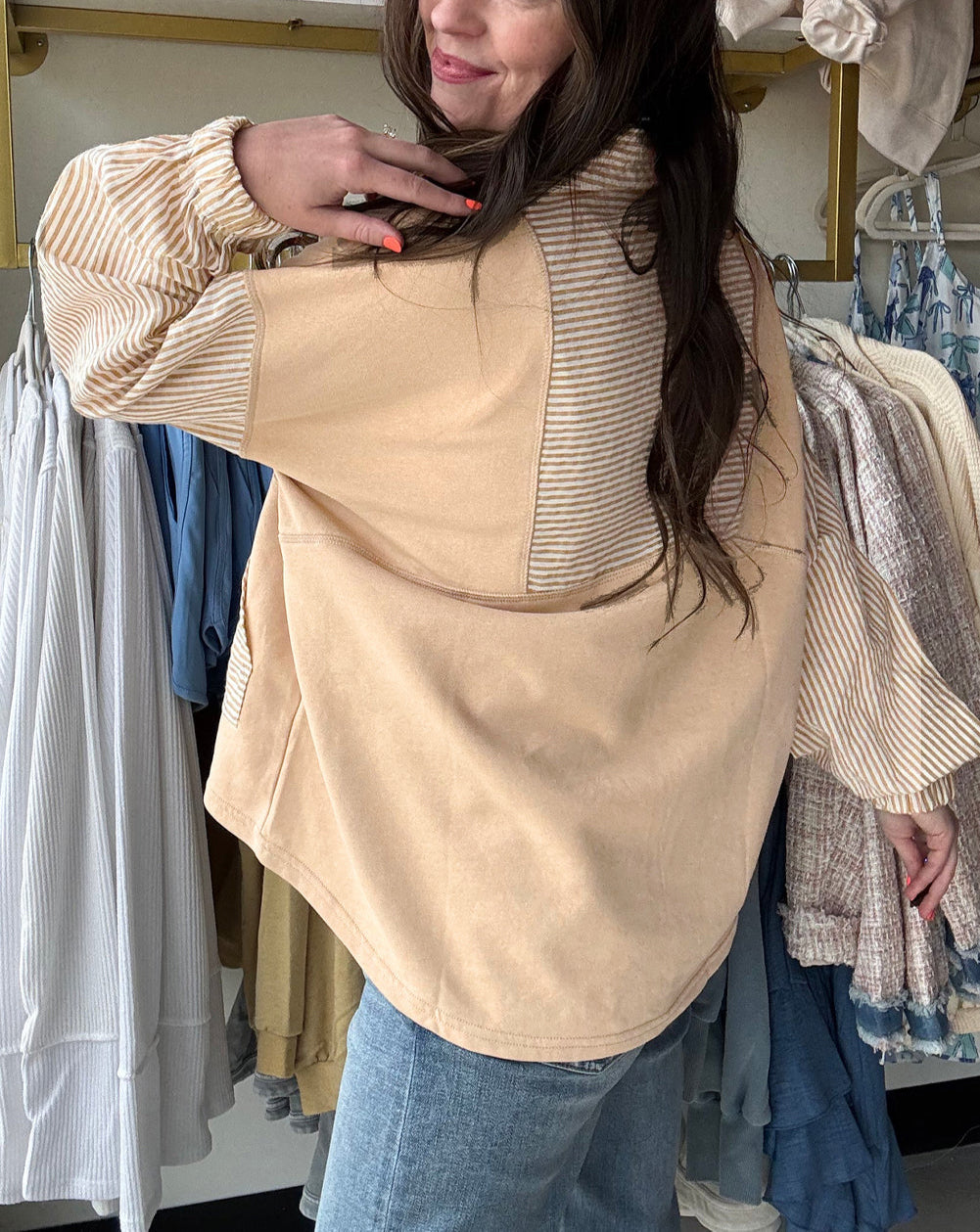 Smoke Gray Quarter Zip Striped Patchwork Drop Shoulder Loose Long Sleeve Top