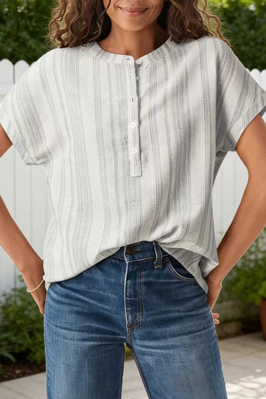 Gray Breathable Gauze Half Button Short Sleeve Casual Blouse