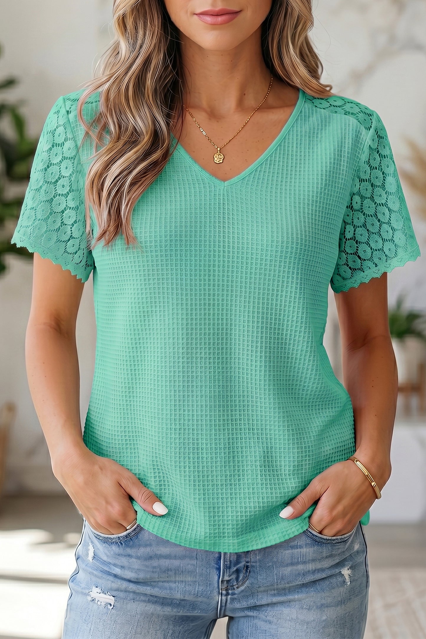 Patchwork Lace Viscose Blend Blouse Casual V-Neck Shift Top