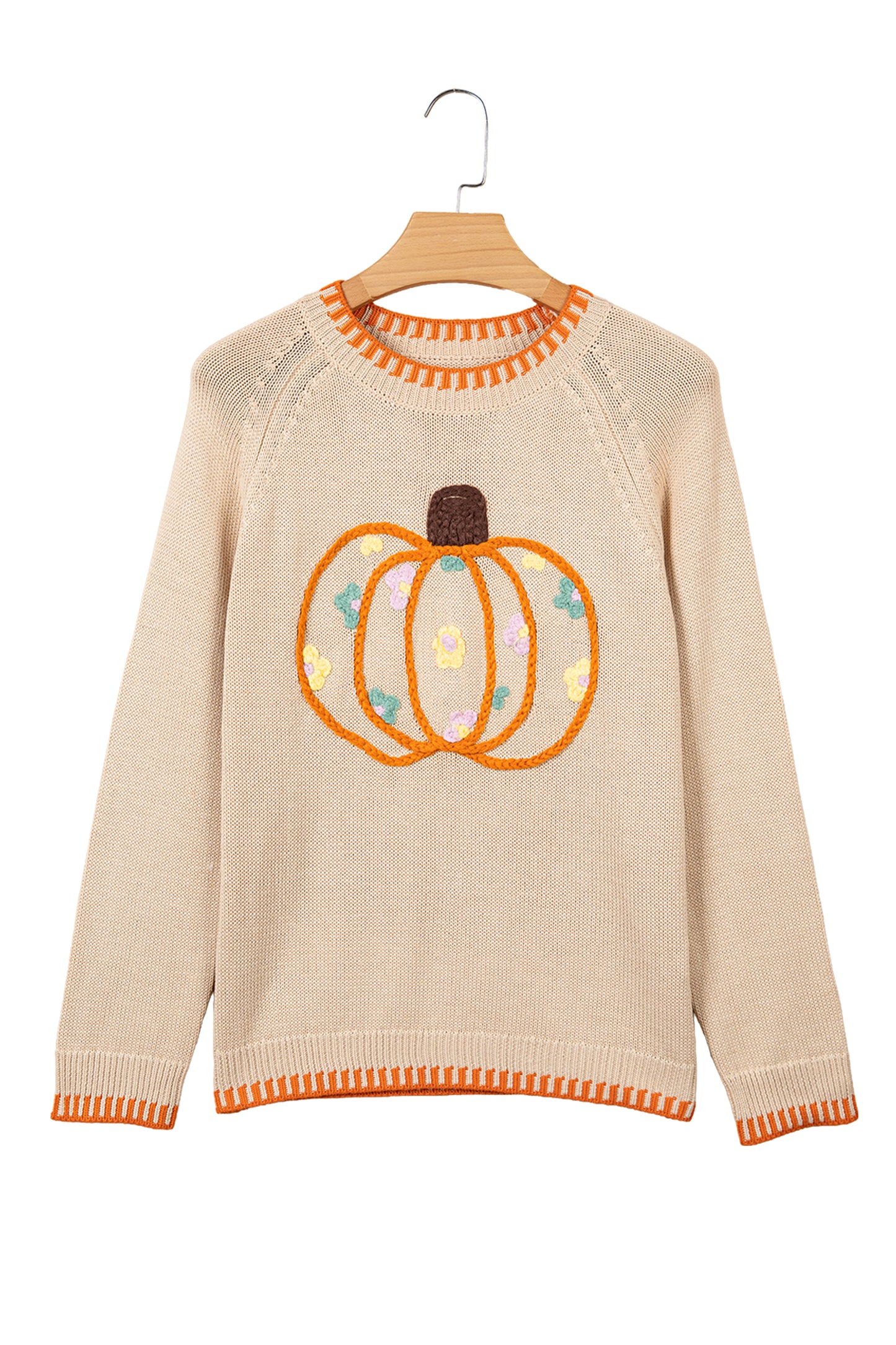 Parchment Floral Embroidery Pumpkin Long Sleeve Round Neck Sweater