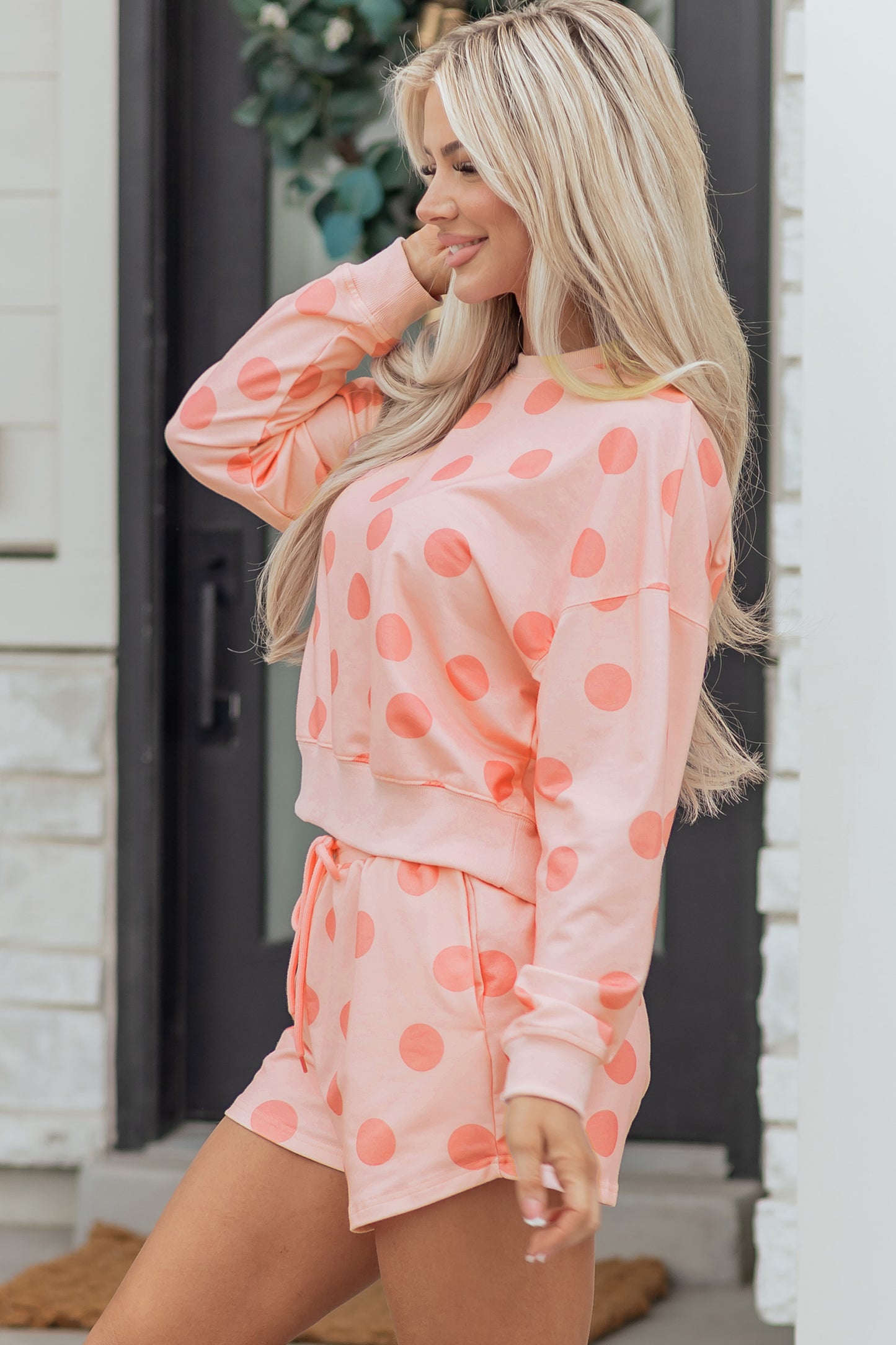 Sky Blue Polka Dot Print Drop Shoulder Pullover Drawstring Shorts Set